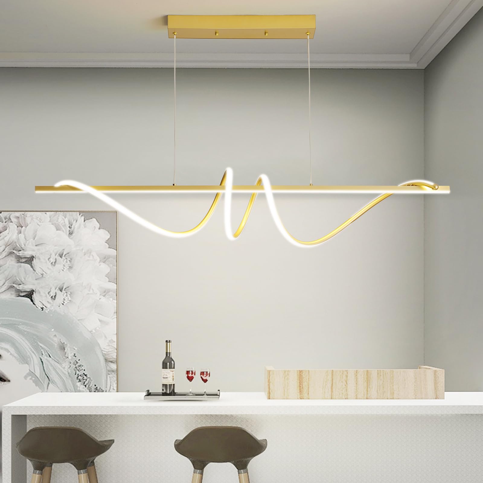 Modern Led Gold Pendant Light, 39In Ceiling Chandelier Fixtures Dimmable With Remote Control 3000K-6500K Adjustable Color Temperature,Aluminum Island Lighting Lamp For Dining Room, Living Room