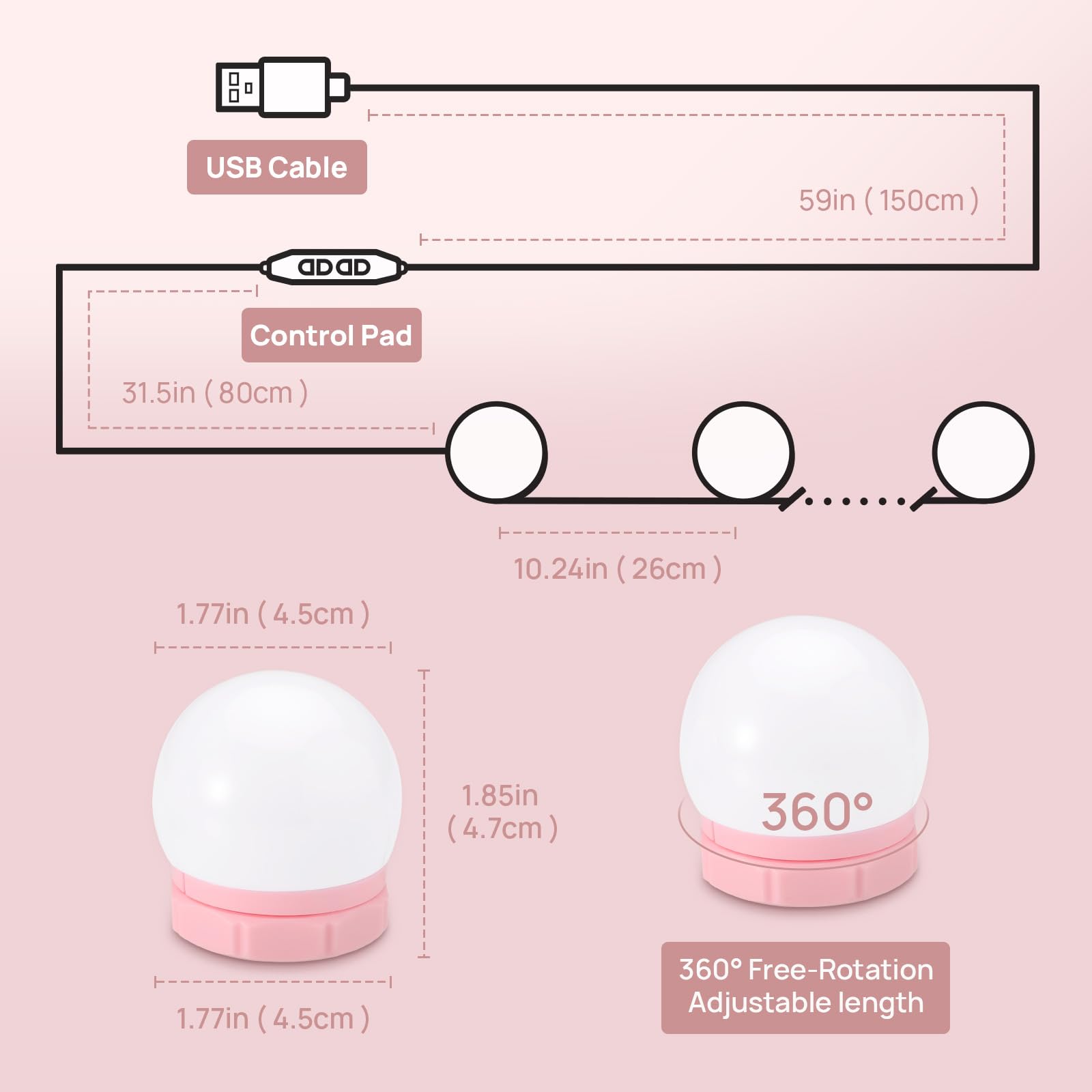Consciot LED Vanity Lights for Mirror, 10 Dimmable Bulbs, Adjustable Brightness, Pink, Model PC-10D-2835-W-F5