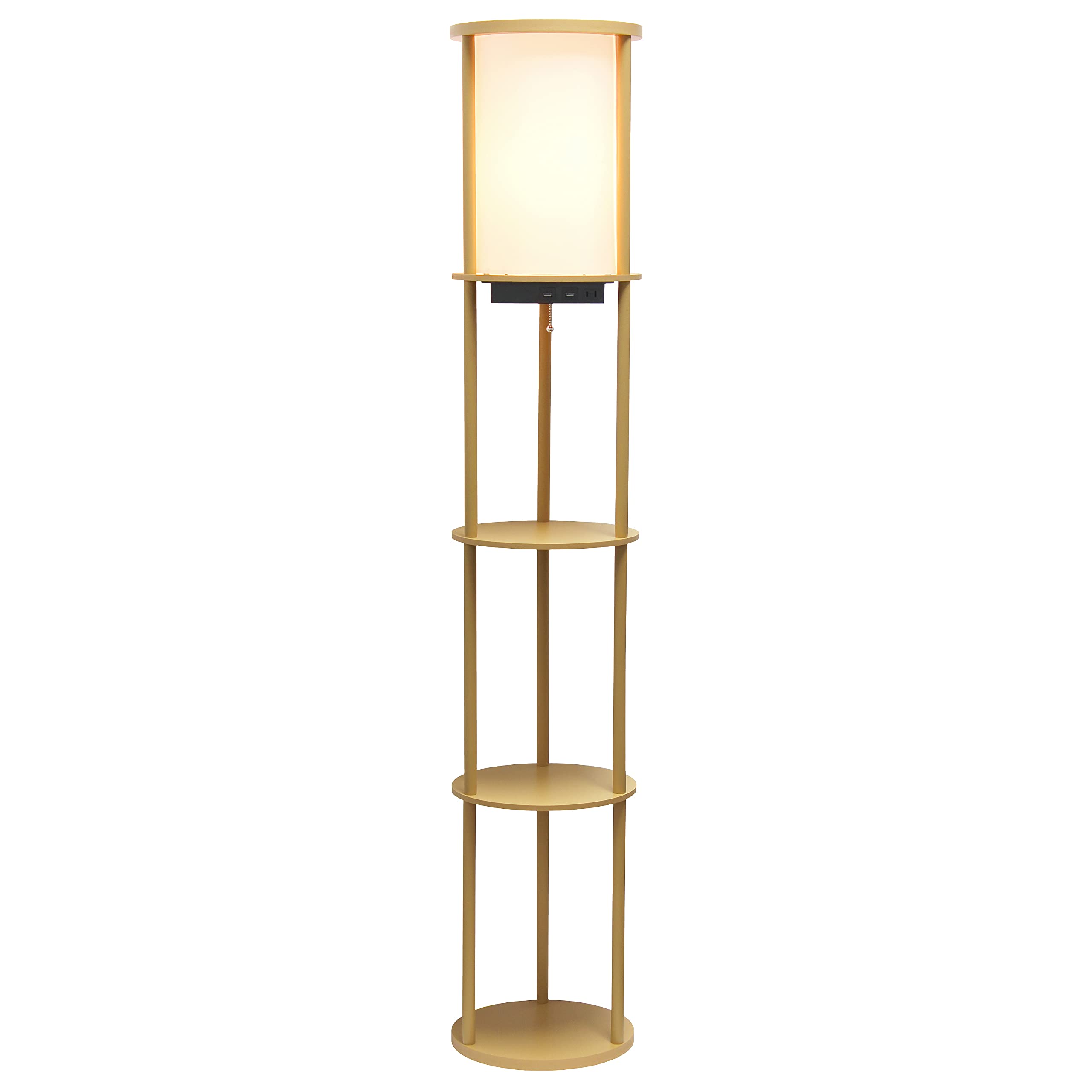 Simple Designs Round Shelf Etagere Floor Lamp with USB Ports, 62.5in, Tan, Model LF2010-TAN, Plastic Material