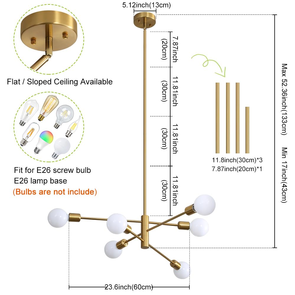 Deyidn Gold Sputnik Chandelier, 6-Light Metal Industrial Ceiling Fixture For Living Room & Kitchen