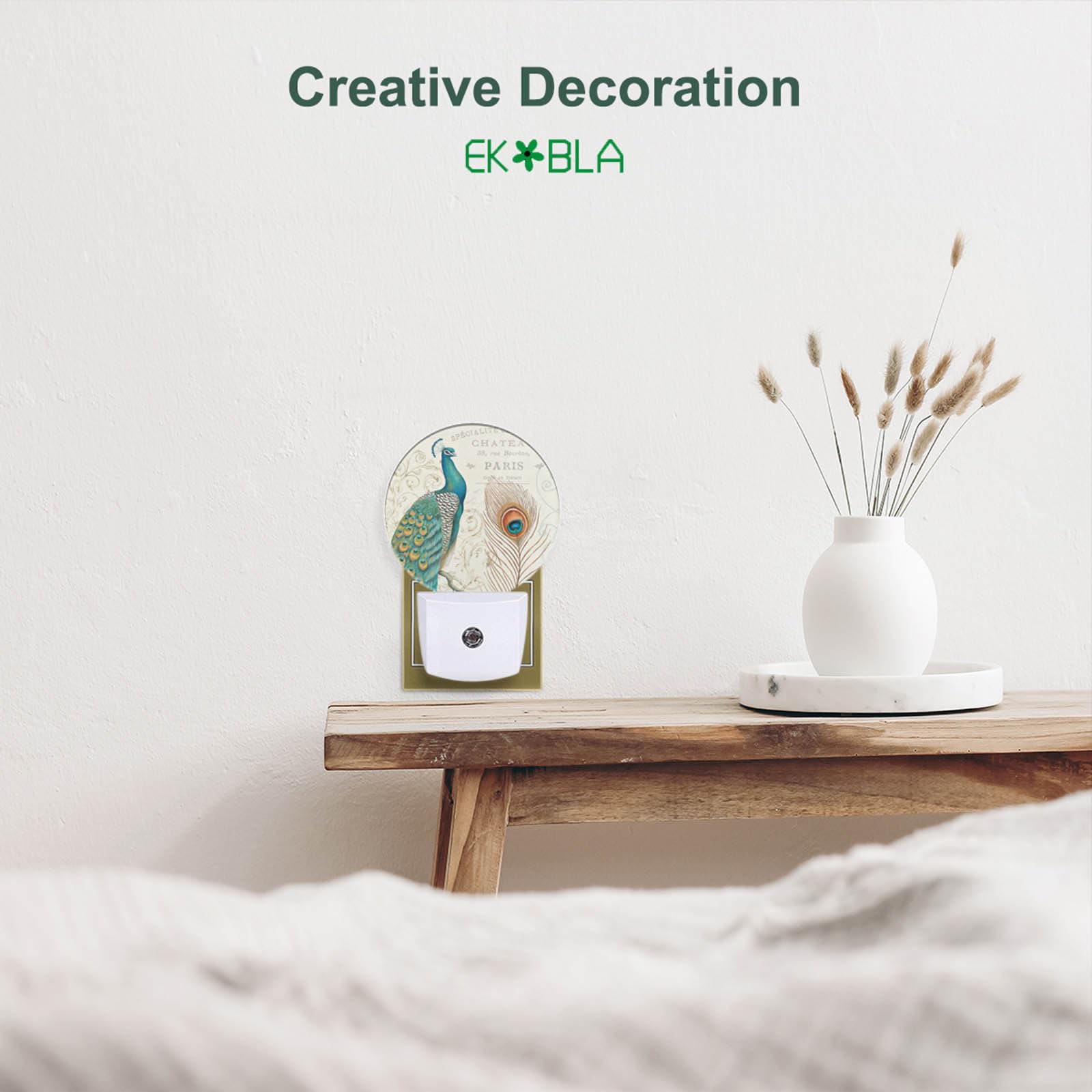 Ekobla Peacock Floral Decorative Night Light Peacock Feather Retro Night Lights Plug Into Wall Auto Sensor Led Lamp 0.5W Sleep F