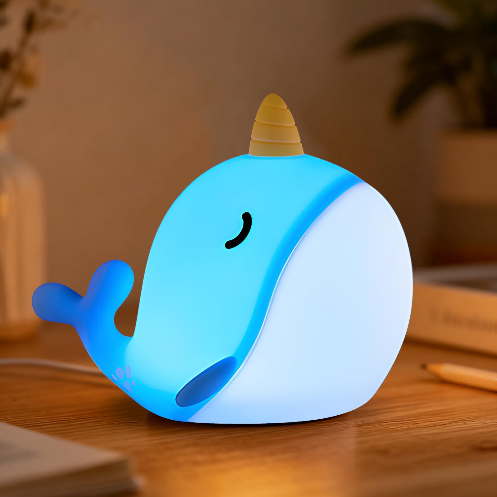 Hpydiy Cute Narwhal Night Light  Tap Control & Color Changing  Usb Kids Bed Lamp With Timer  Soft Silicore Glow For Nursery  Birthday Gift (Blue Narwhal 7-Color)
