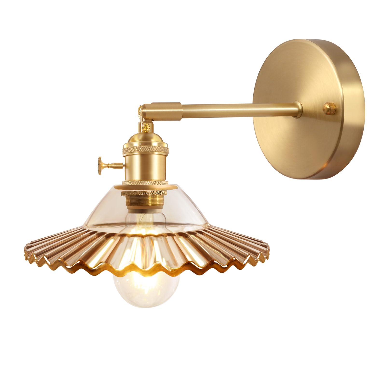 Shenmoyl Vintage Wall Sconces With Amber Lotus Glass Lampshade 180 Degree Adjustable Brass Sconces Hradwired Modern Wall Lighting Fixture With Switch For Bedside Bedroom Doorway