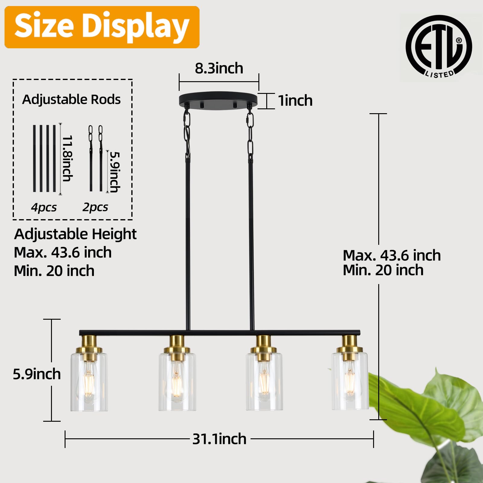 KPIOK 4-Light Farmhouse Dining Room Chandelier - Matte Black & Gold, Glass Shades, Industrial Pendant Lighting, Model BB003P-