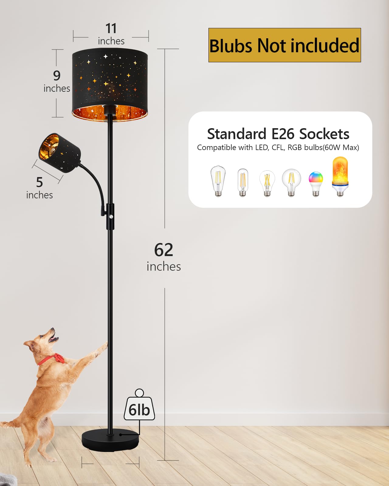 Floor Lamp Black, Reading Standing Lamps For Living Room, 62'' Tall Torchiere Lamp For Kids Room, 3-Way Switch, Star-Gold Lampsh