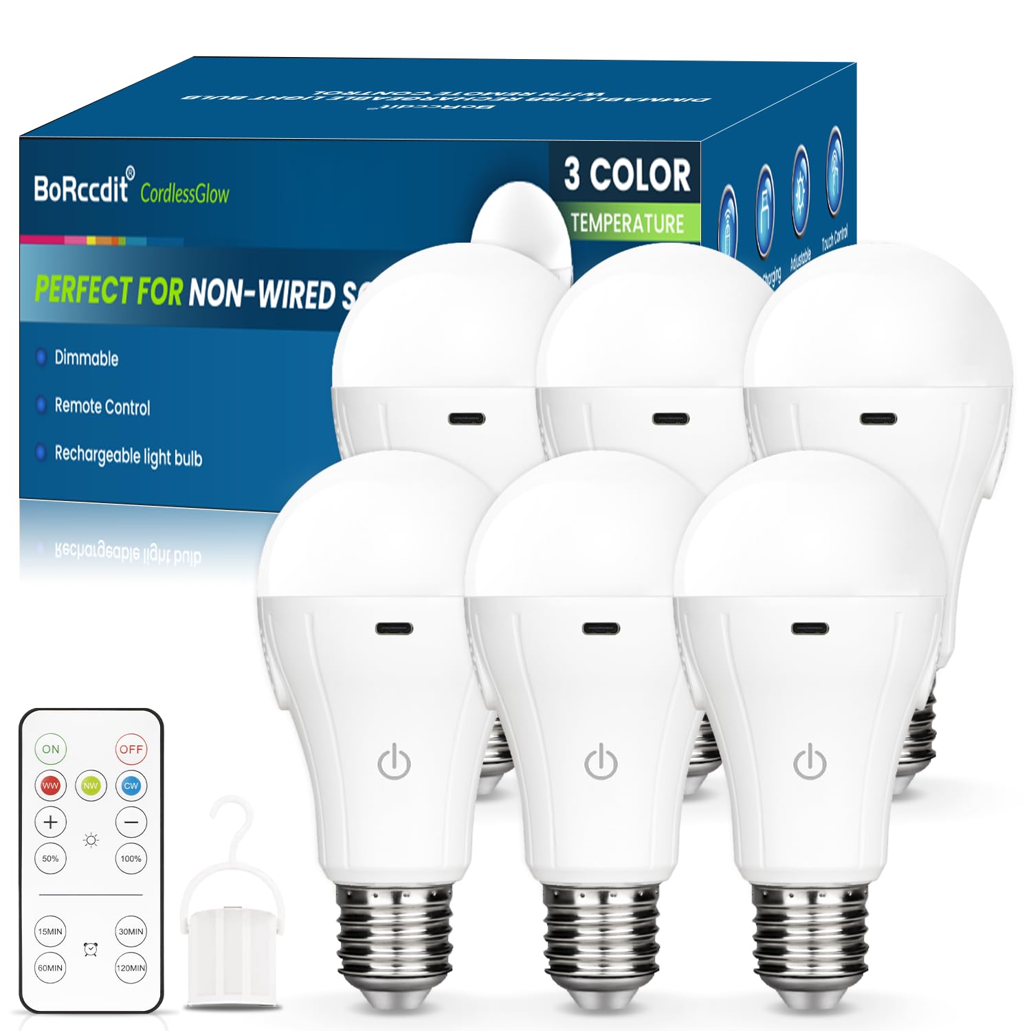 CordlessGlow 15W A19 Rechargeable Light Bulbs with Remote, 3 Color Temperatures + Dimmable Battery Operated Light Bulb, up to 24 Hours,6pk
