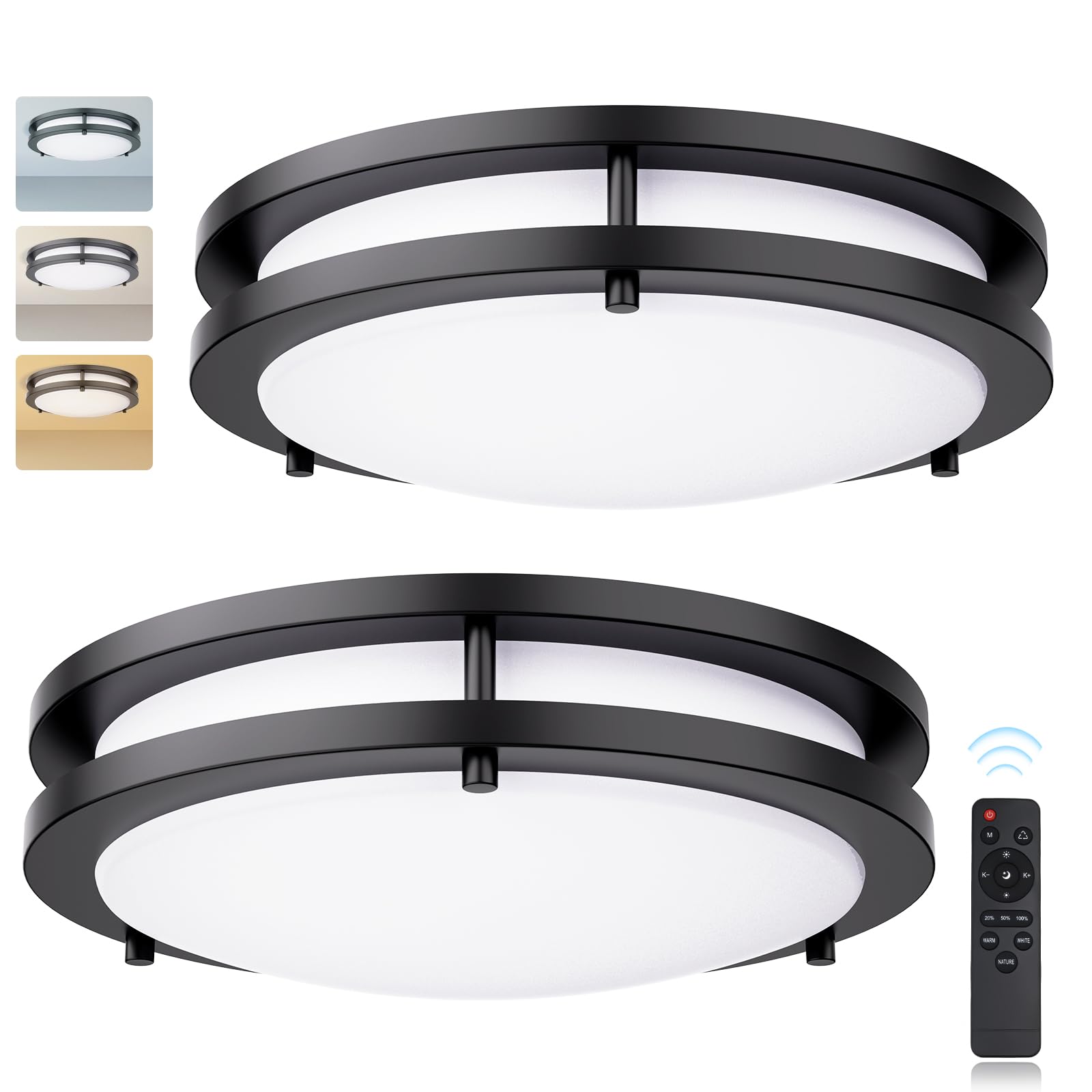 Kalium LED Ceiling Light with Remote 2 Pack 14 Inch Flush Mount Ceiling Light Fixture, 24W 3000K-6000K Adjustable Color Temperat