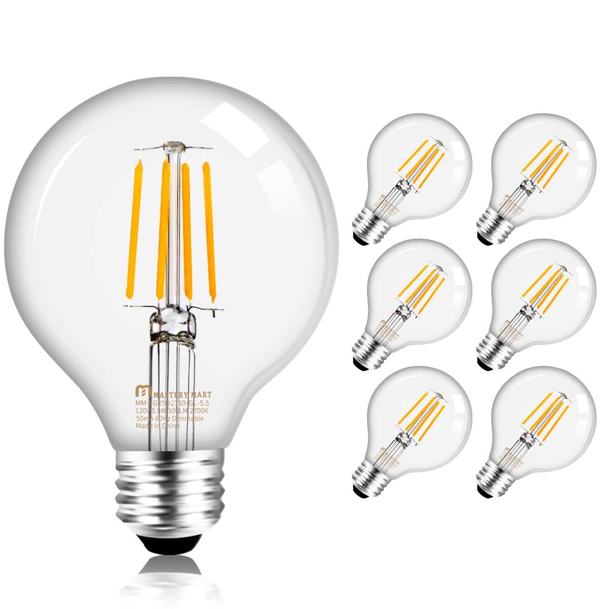 Mastery Mart G25 Globe Light Bulbs, Dimmable, E26 Base, 60W Equivalent, 2700K Soft White, Vintage Filament For Bathroom Mirror, 