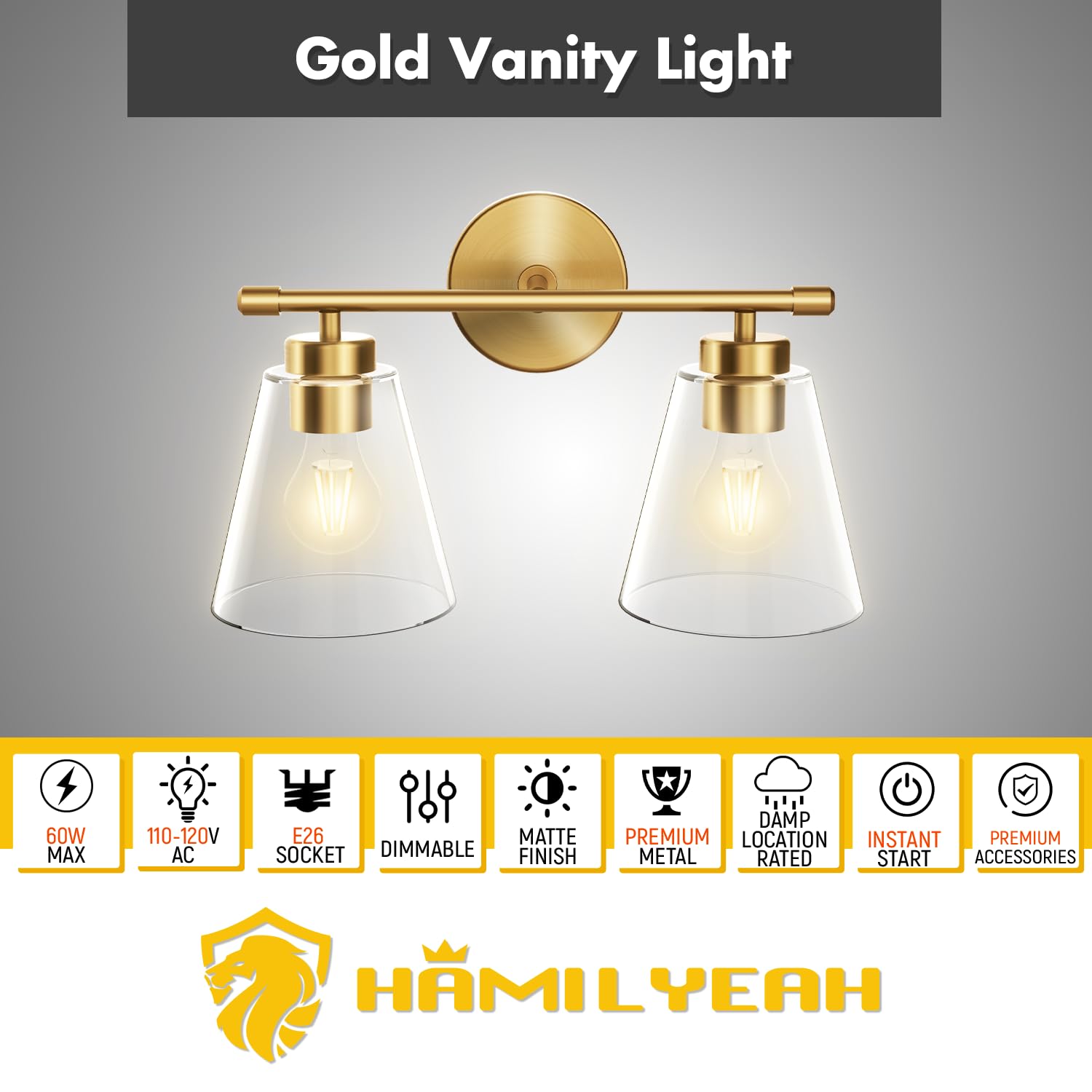Hamilyeah Bathroom Vanity Light Fixtures Over Mirror, 2 Light Wall Light Fixture with Clear Glass Shade, Gold Sconces Wall Light