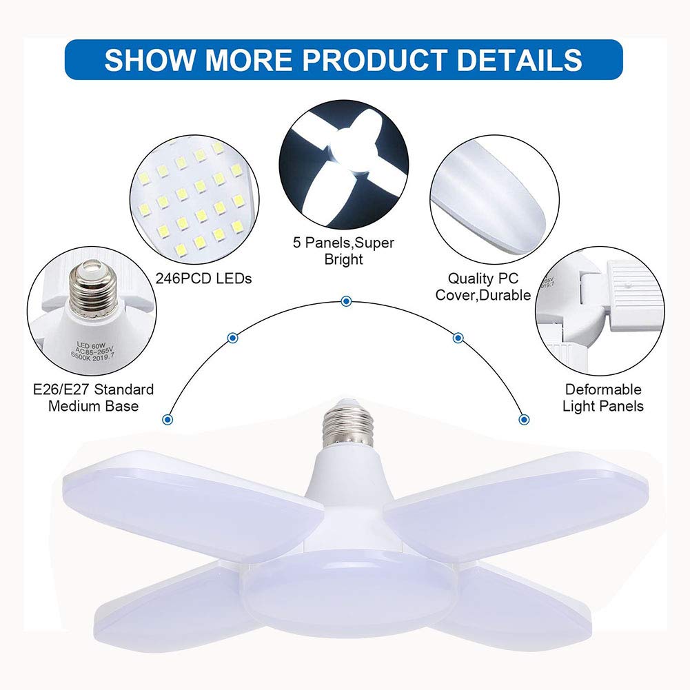 4 Pack Led Garage Lights, 6000 Lumens Garage Celling Light, 60W E26 Led Shop Lights With 4 Foldable Panels, 6000K Daylight Deformable Lamp For Garage, Basement, Warehouse, Workshop