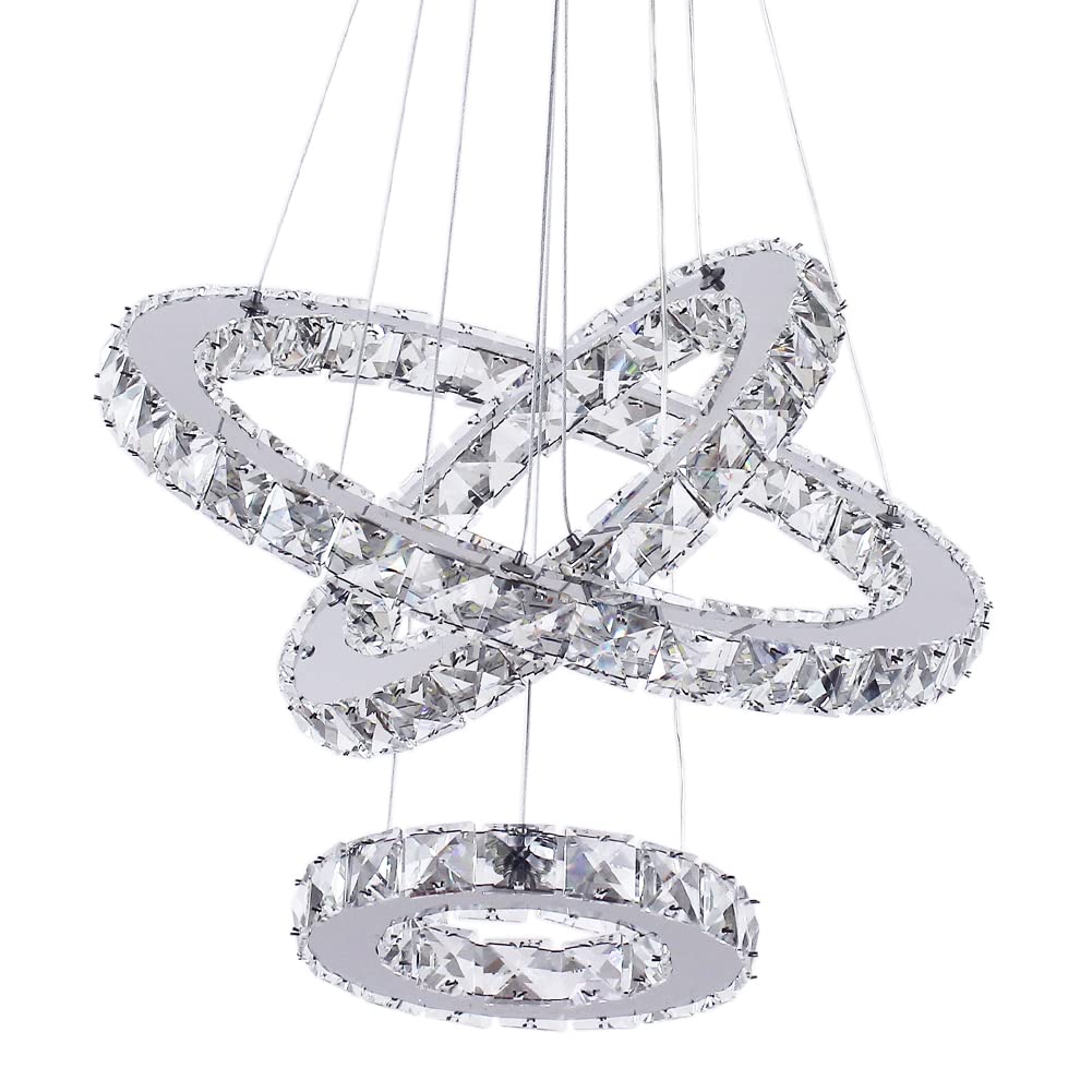 Diisunbihuo Led Chandeliers 3 Rings Modern Crystal Pendant Light, Adjustable, Multicolor Silver, Ideal For Bedroom, Living & Dining Room