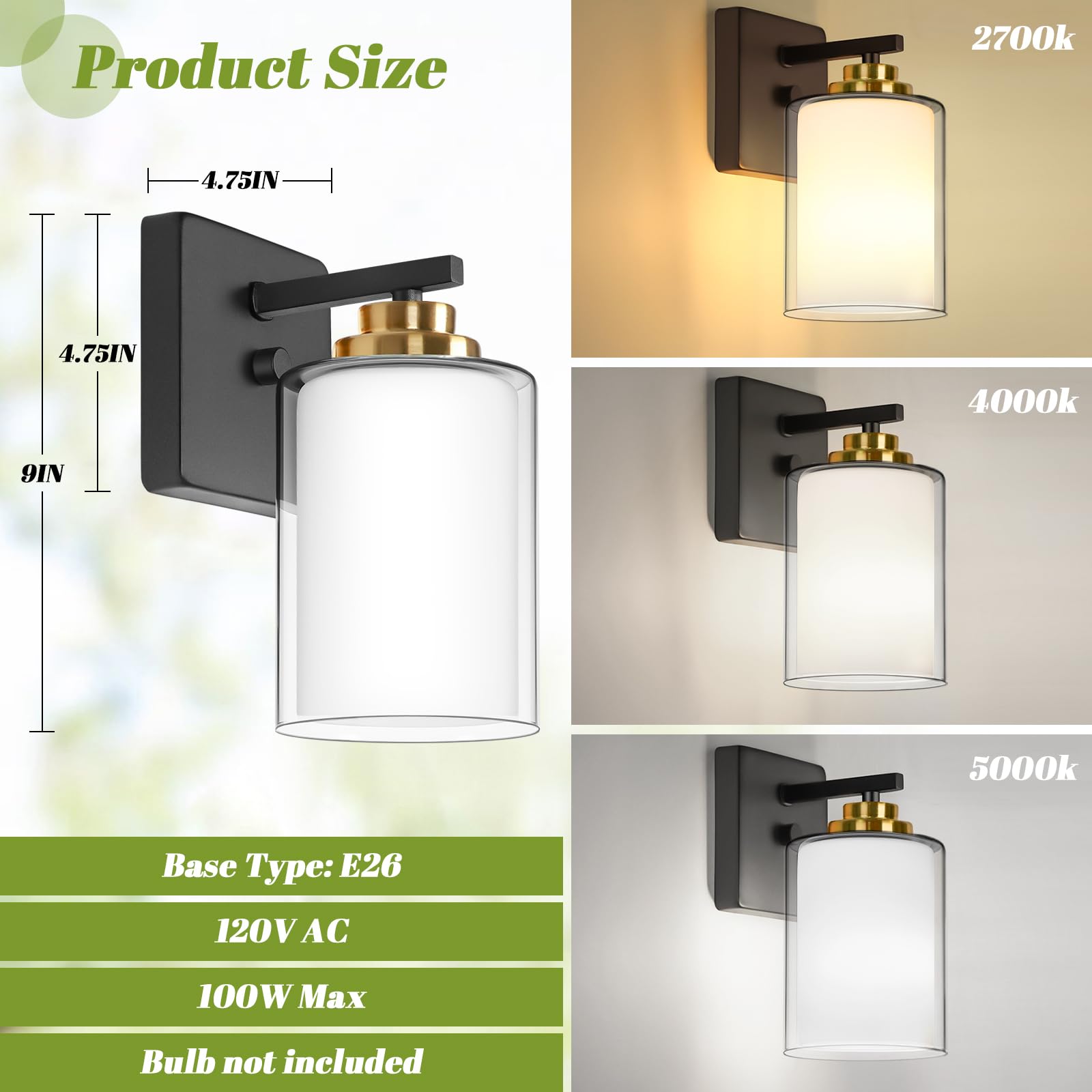 VerRon Set of 2 Wall Sconces - Modern Black & Gold Vanity Light Fixtures with Double Glass Shade for Bathroom & Living Room