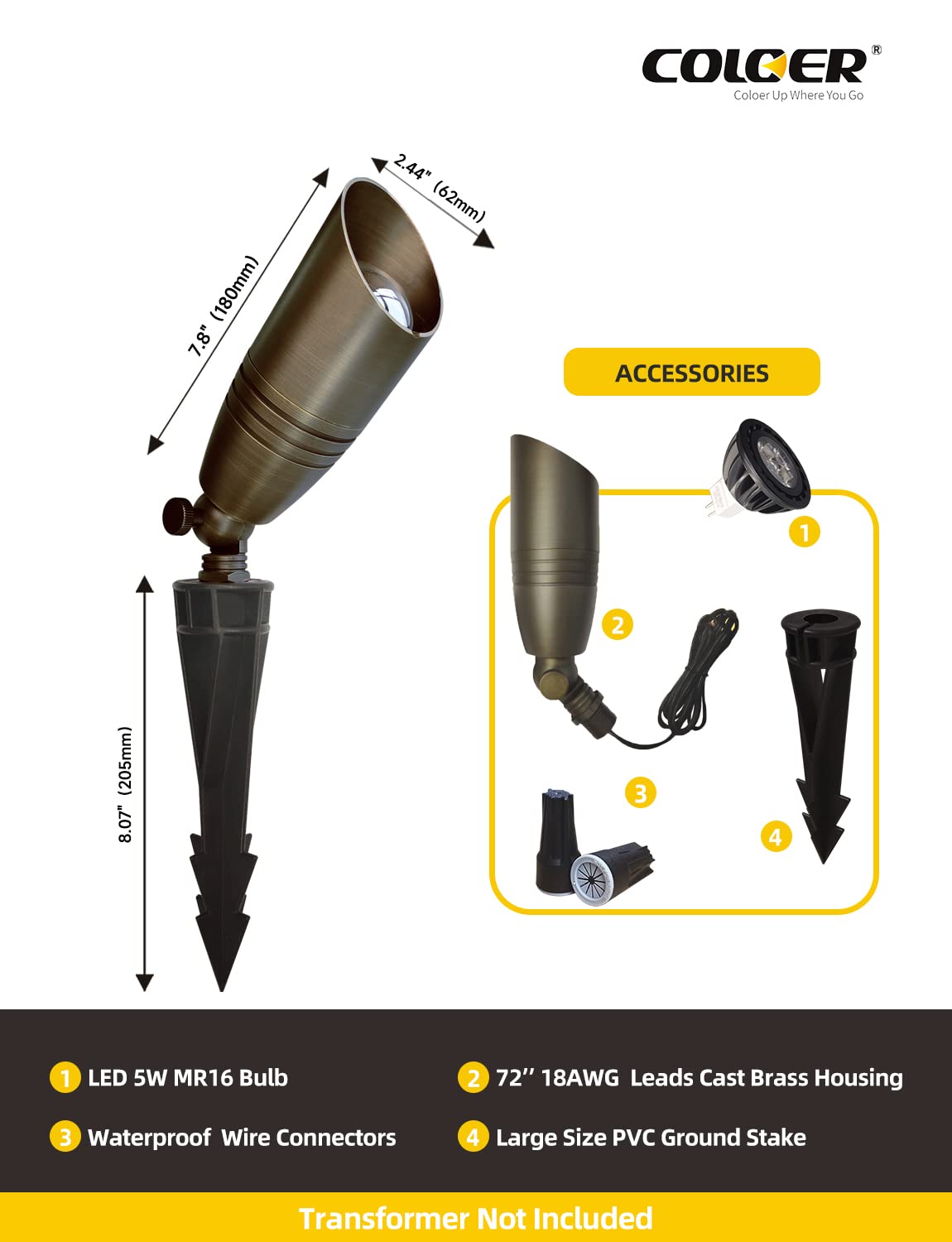 Coloer Brass Landscape Spotlights, 10 Pack Landscape Light Fixture With 5W Aluminum Housing Mr16 Led Bulb 2700K 450Lm,12V Ac/Dc Low Voltage Outdoor Spot Lighting, Uplight For Garden And Patio(102B)