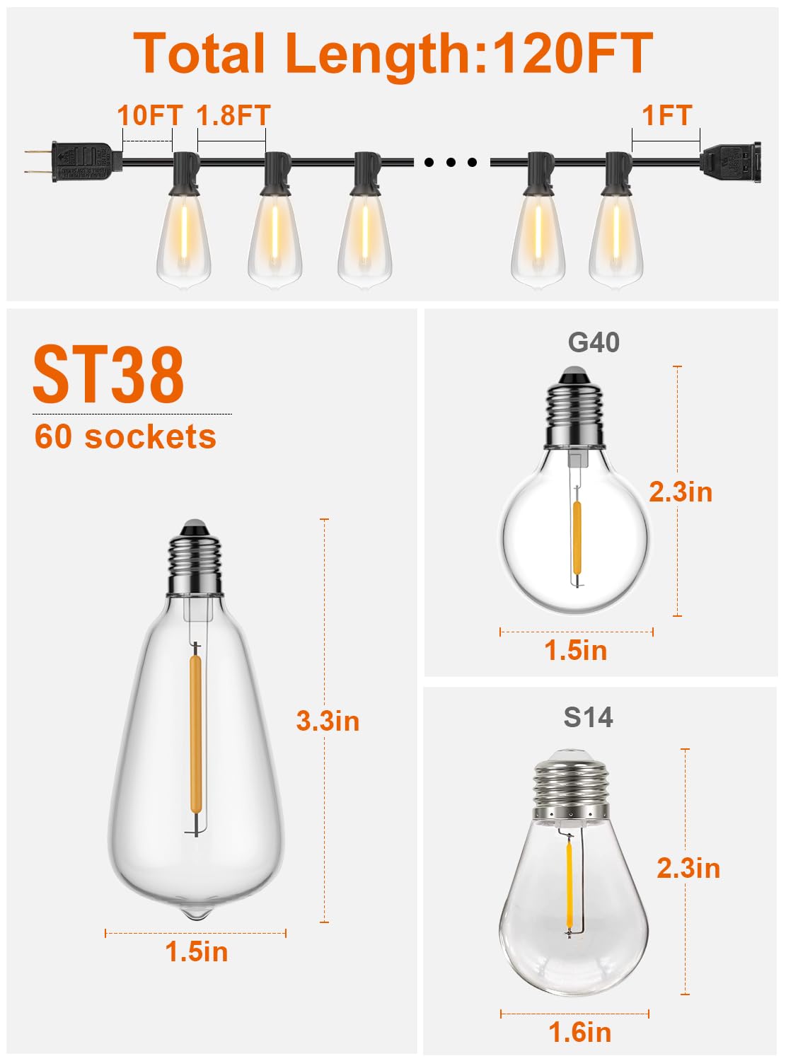Gpatio 120Ft Outdoor String Lights, Waterproof Patio Lights With 64 Hanging Lights St38 Bulbs, 2700K Shatterproof For Backyard G