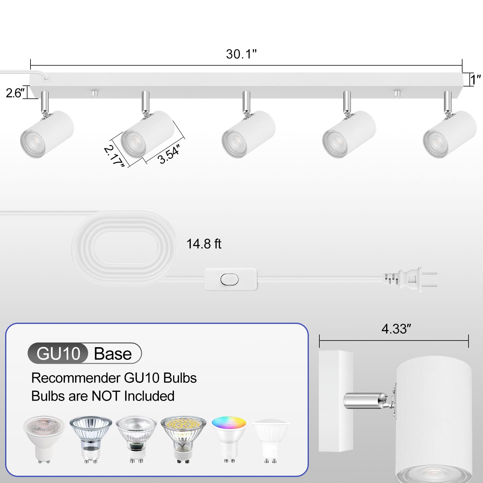 Plug In Track Lighting, Led Track Light Kit, White 5-Light Large Track Lights For Kitchen, 15 Ft Cord,5 Way Ceiling Spotlight, R