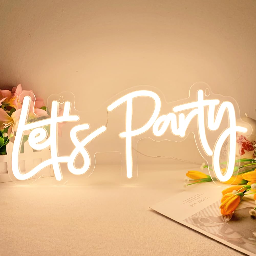 Colysor Neon Sign - Lets Party, Dimmable, 17x7.5inch, Warm White Acrylic Wall Decor for Birthday, Wedding, Bachelorette, Valentines Day