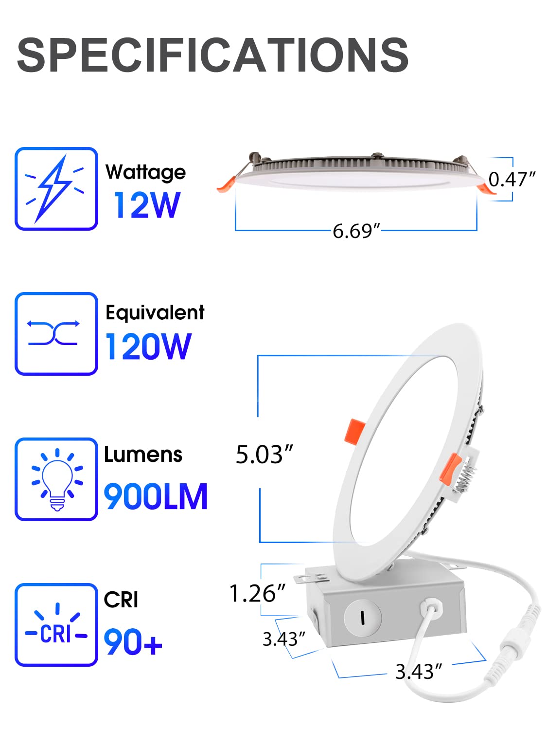 Energetic 12 Pack 6 Inch Ultra-Thin Led Recessed Lighting With Junction Box, 900Lm High Brightness, 3000K Warm White Canless Waf