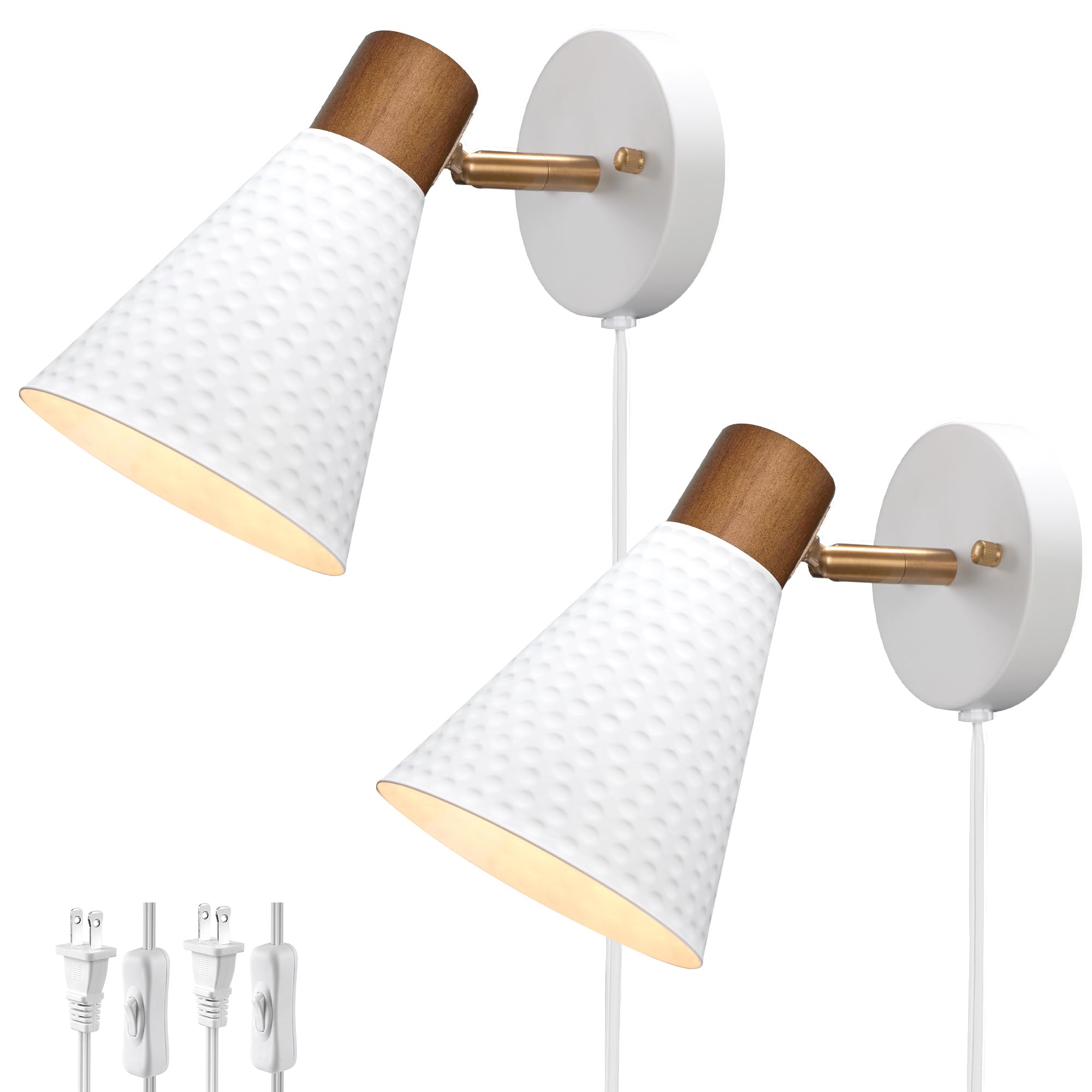 White Plug In Wall Sconces Set Of 2, Modern Wall Light With Plug In Cord, Wooden Plug In Wall Lamps With Hammered Metal Shade, Corded Wall Sconce Light Plug In For Bedroom, Living Room, Hallway
