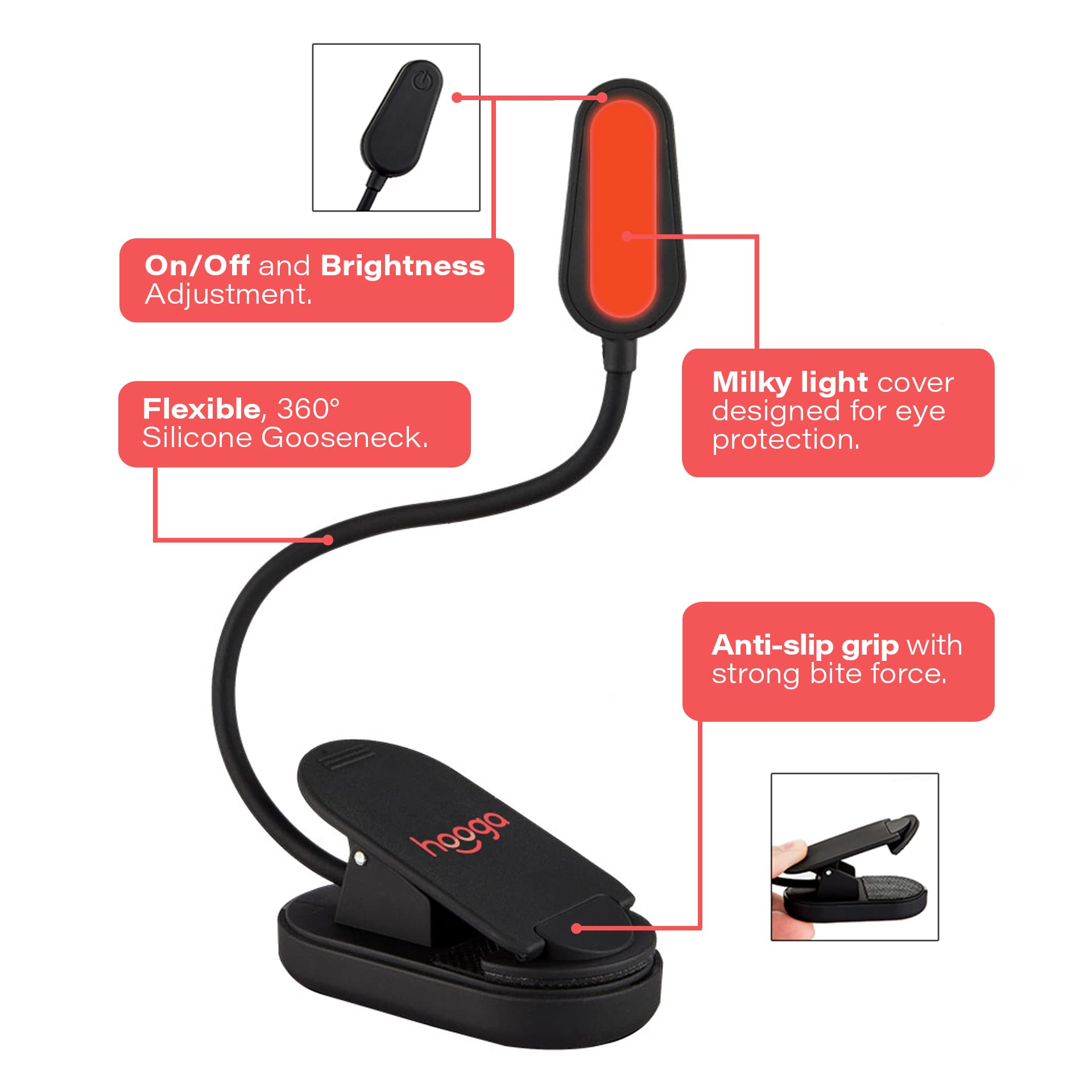 hooga Red Book Light - Rechargeable Clip On 625nm LED, Eye Care Light for Reading, Strain-Free, Perfect for Students & Travel