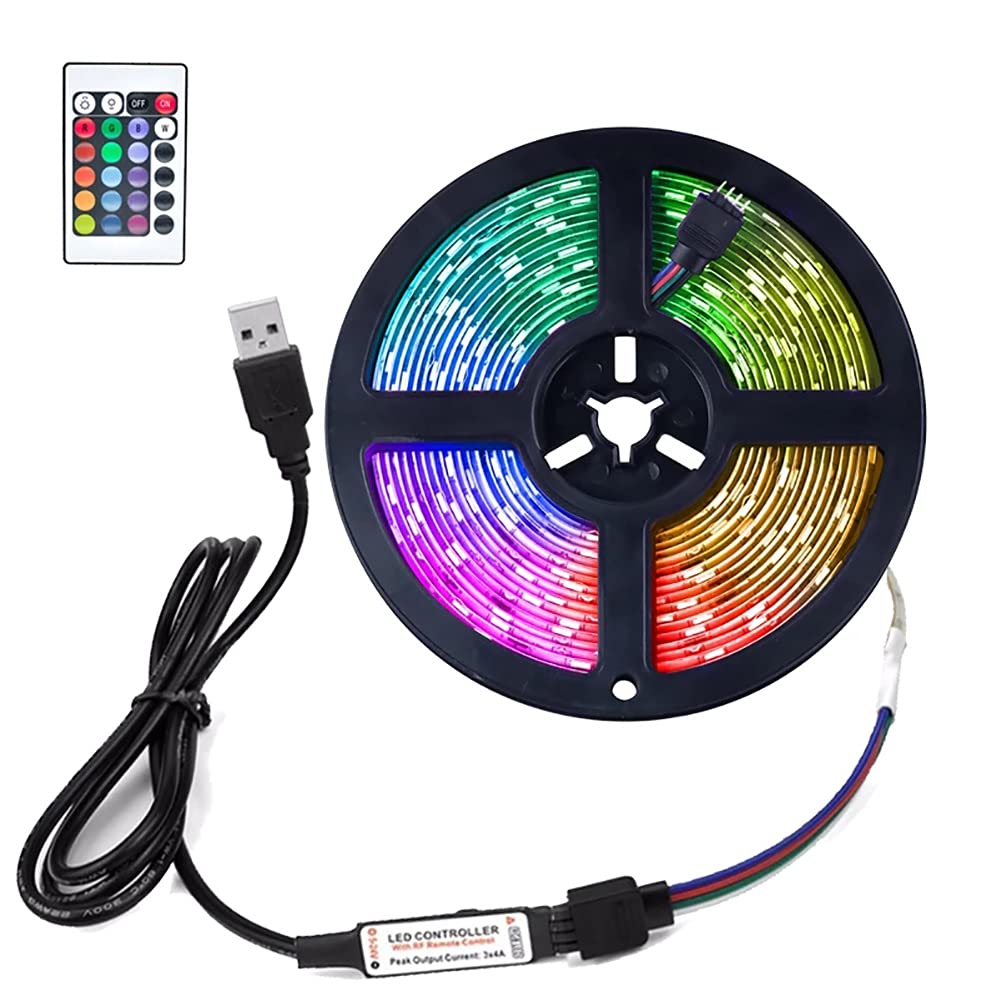 FOROUREYES RGB Led Band 16.4ft 5V USB Colorful 30LED S/M SMD 5050 Flexible Lights for TV Backlight Room Decor with 24 Keys Remote Controller