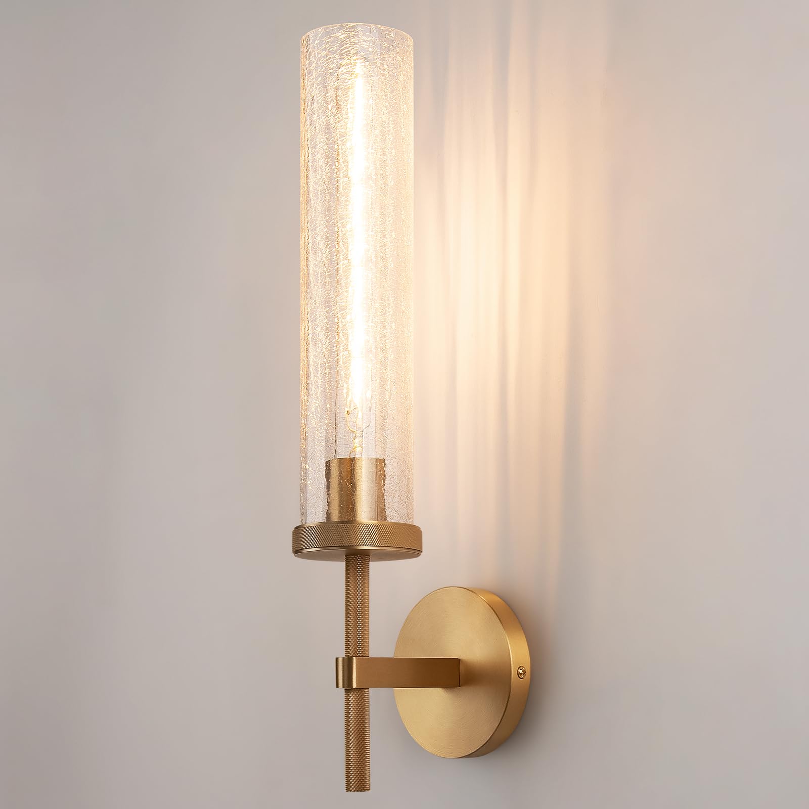 Vookea 19.5 Knurled Brass Wall Sconce with Crackle Glass Tube, Gold Bathroom Vanity Light Fixtures, Modern Lamp Lighting for Bed