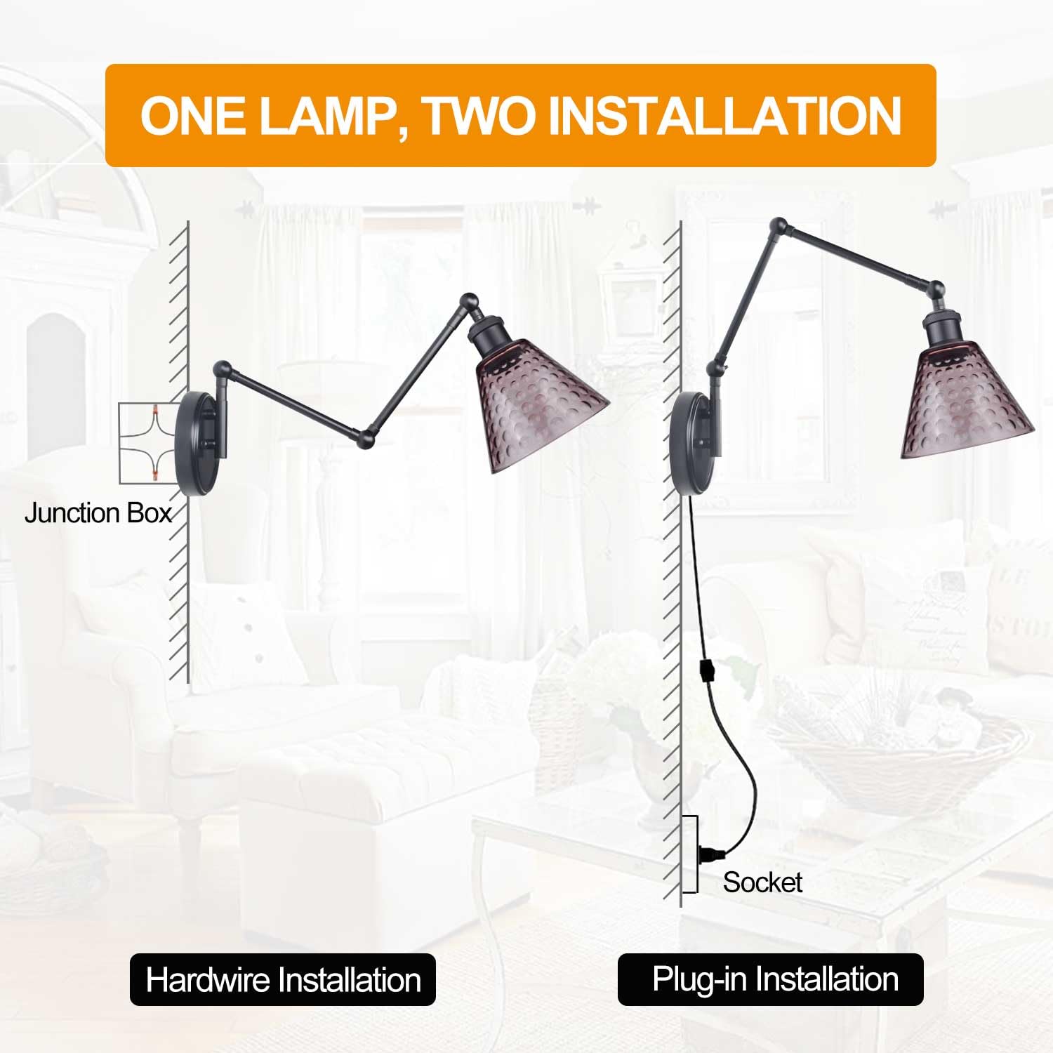 Swing Arm Wall Sconce Set of 2, Polka Dots Glass Lampshade, Adjustable Brightness Temperature Wall Lamp with Remote Control LED
