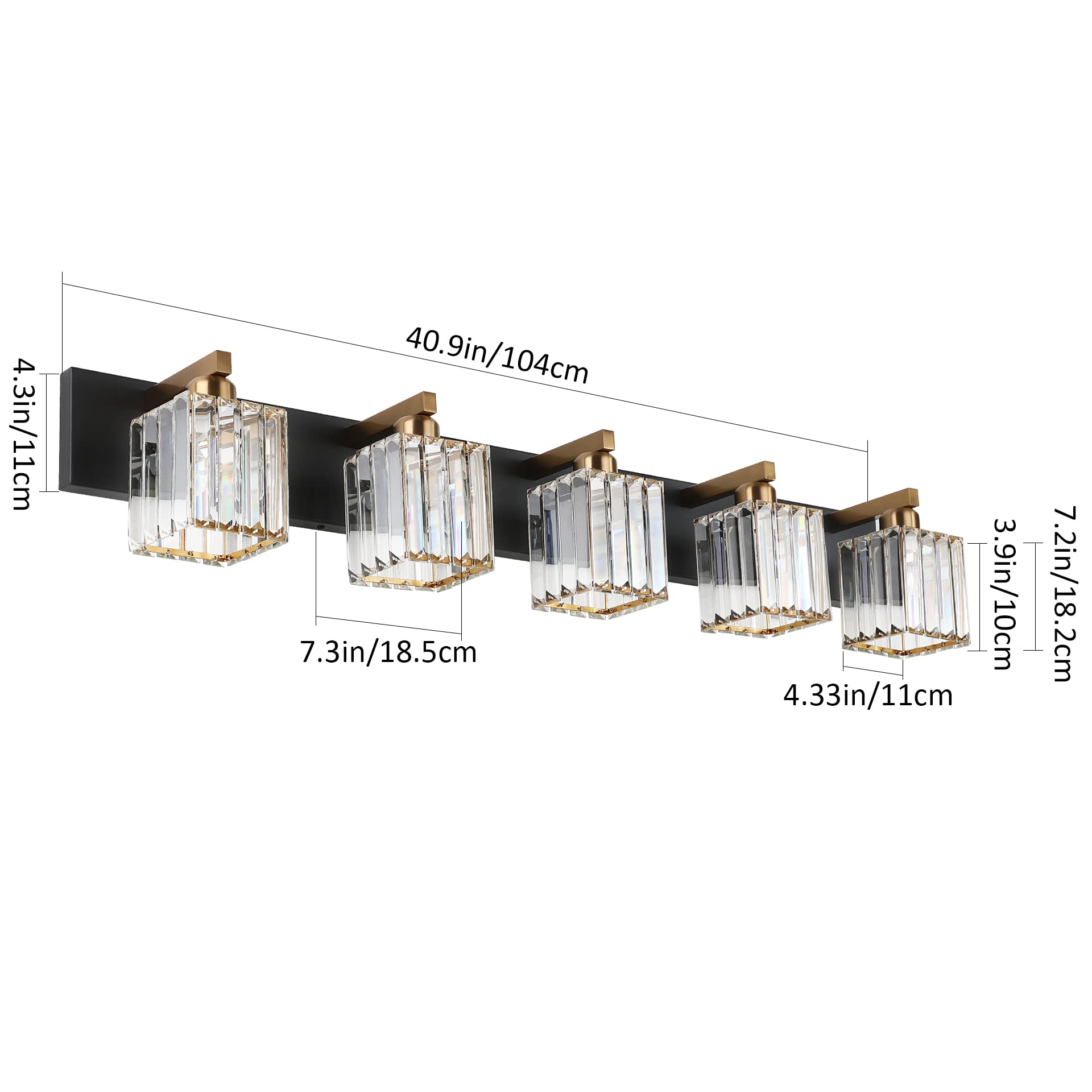 Aipsun 5-Light Modern Vanity Light Fixtures - Black Brass Aluminum, Model 8461, Crystal Shade