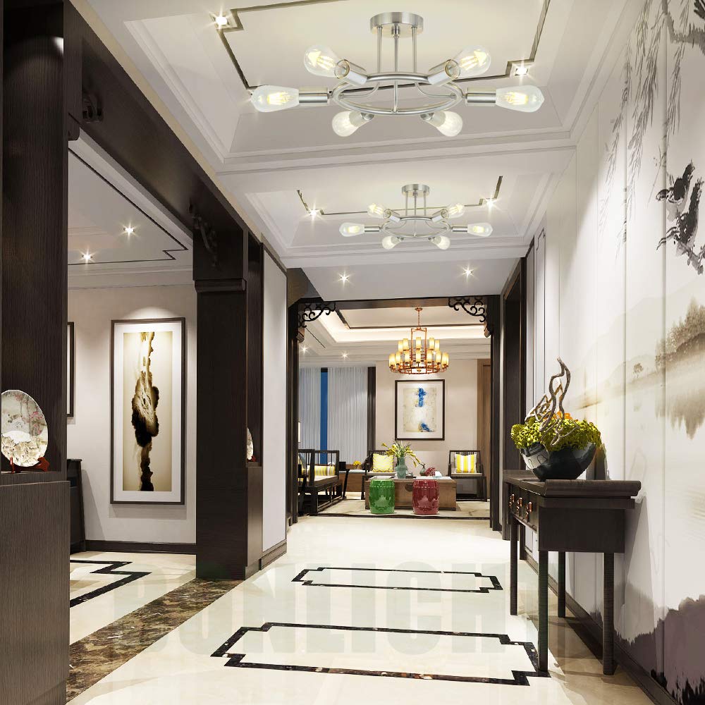 BONLICHT Sputnik Chandelier 6 Light Brushed Nickel Modern Starburst Semi Flush Mount Fixture Model 3020-6C-SN