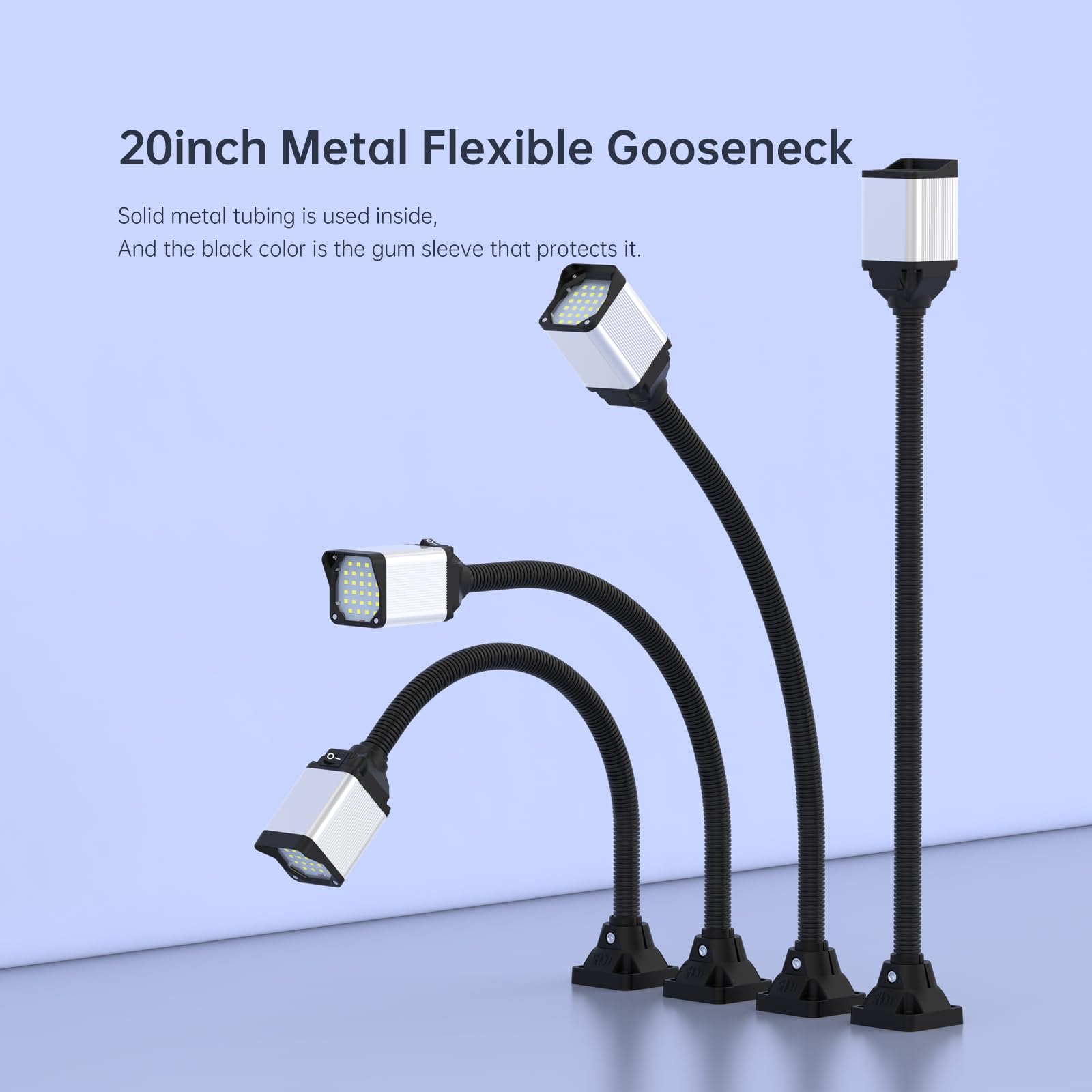 S SHUN CAN DA LED Lathe Work Light, 20in Flexible Gooseneck, 1200 Lumen, Black, Model 30E+6101, Base with 4 Screw