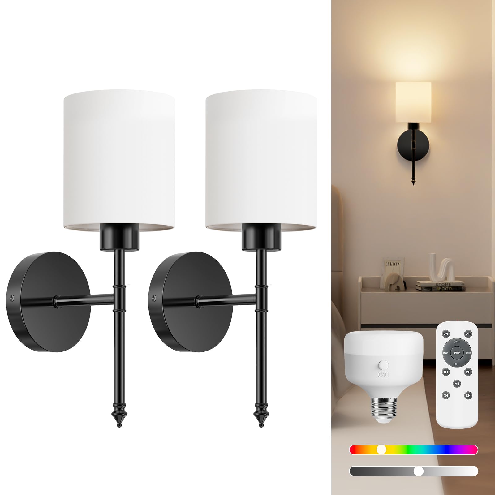 NIORSUN Wall Sconce Set of 2, 15 Inch Black Battery Operated Lights with Rechargeable Bulbs, Model 16303LGTF