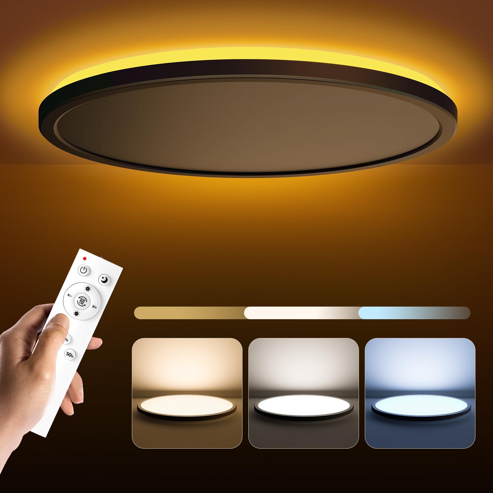 Matane LED Flush Mount Ceiling Light Fixture, Dimmable 3000K-6500K, 15.4in Black, Model LS-CL-G36W-Dim-YKBK/N