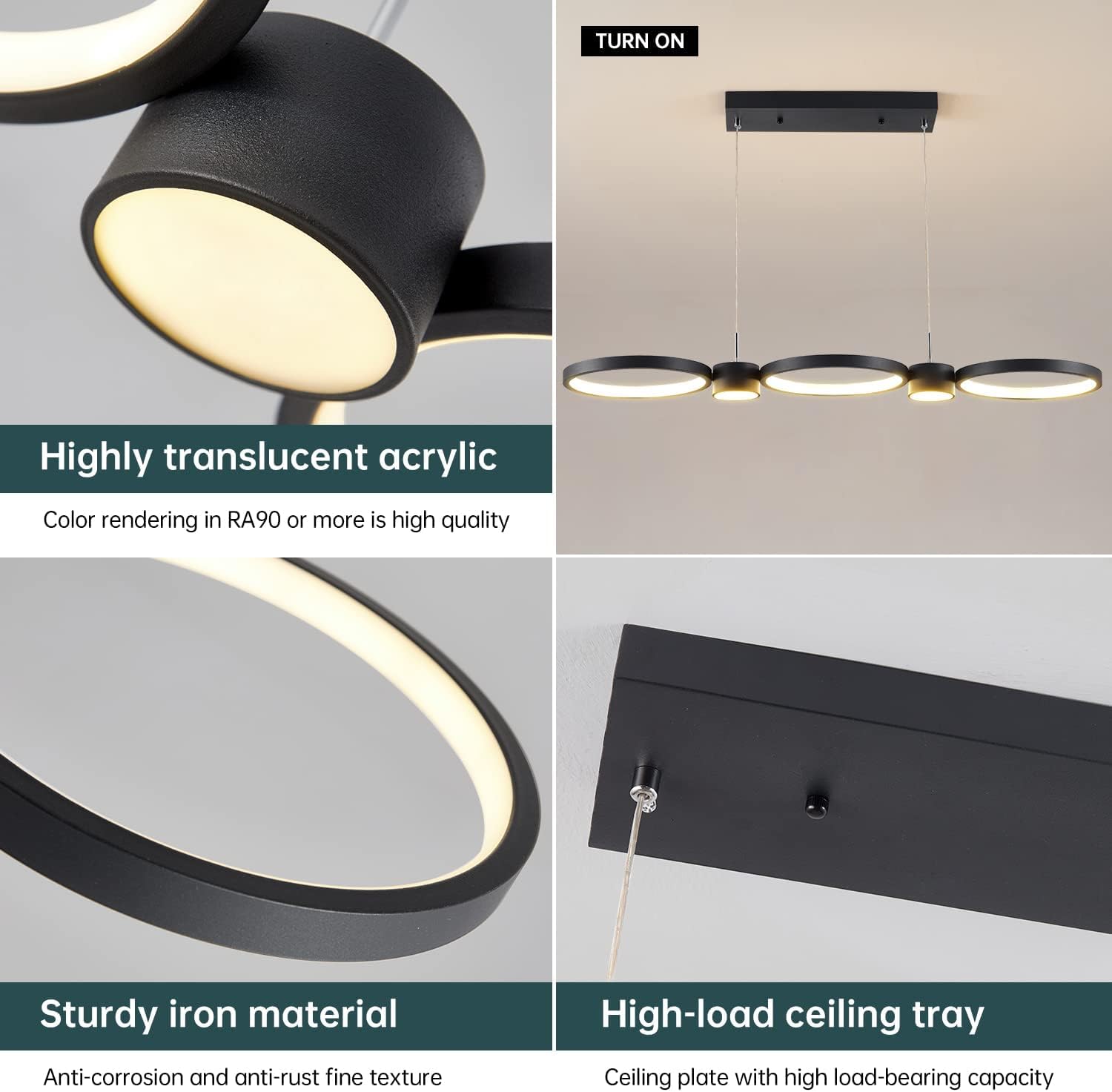 Irefveer Modern LED Chandelier Light, Dimmable Pendant Fixture, Height-Adjustable, Black, 3Ring-36IN, Model KG-MT02