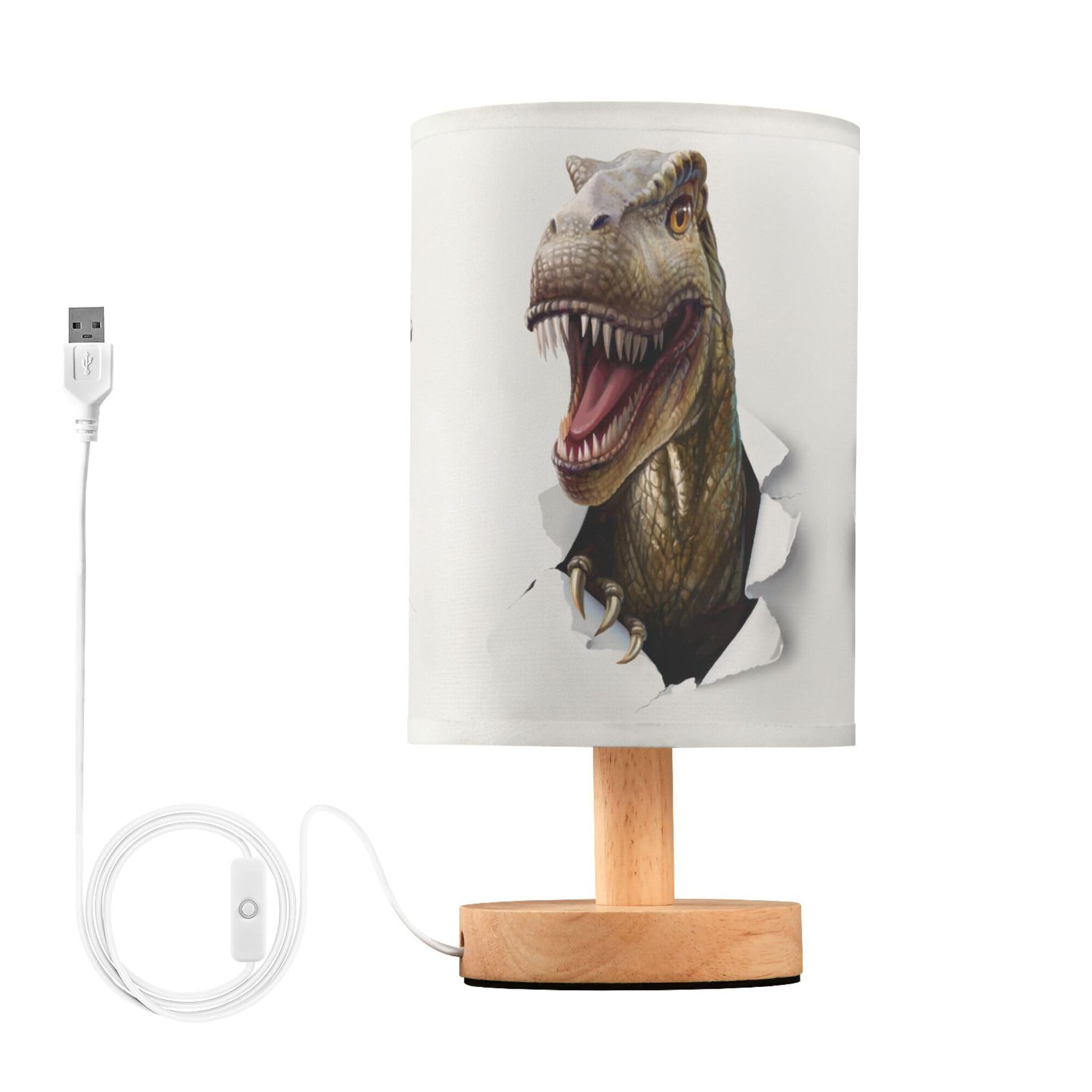 YYZZH Table Lamp Dinosaur T-rex in Paper Hole Nightstand Lamp with Wood Base Fabric Lamp Shade Bedside Desk Lamp for Living Room