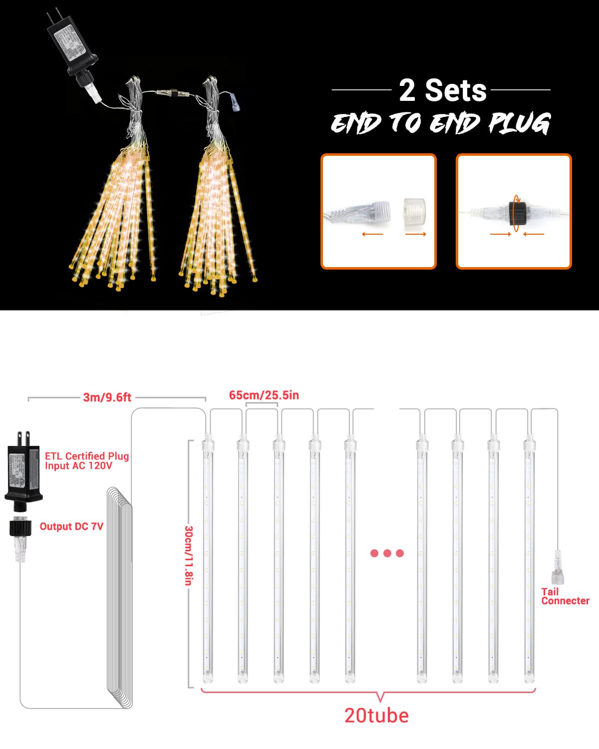 Warm White 20 Tubes Meteor Shower Icicle Lights 480 Led Raindrop Lights With Timer Function Cascading Falling Rain Light For Hol