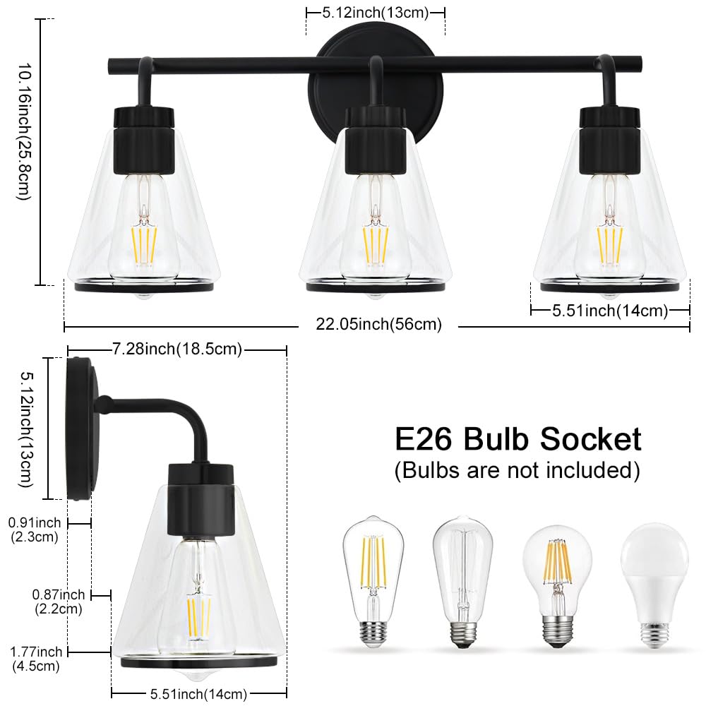 NADOSA 3-Light Black Bathroom Vanity Light Fixtures with Clear Glass Shade, Model NADOSA-37771, Modern Over Mirror Lighting