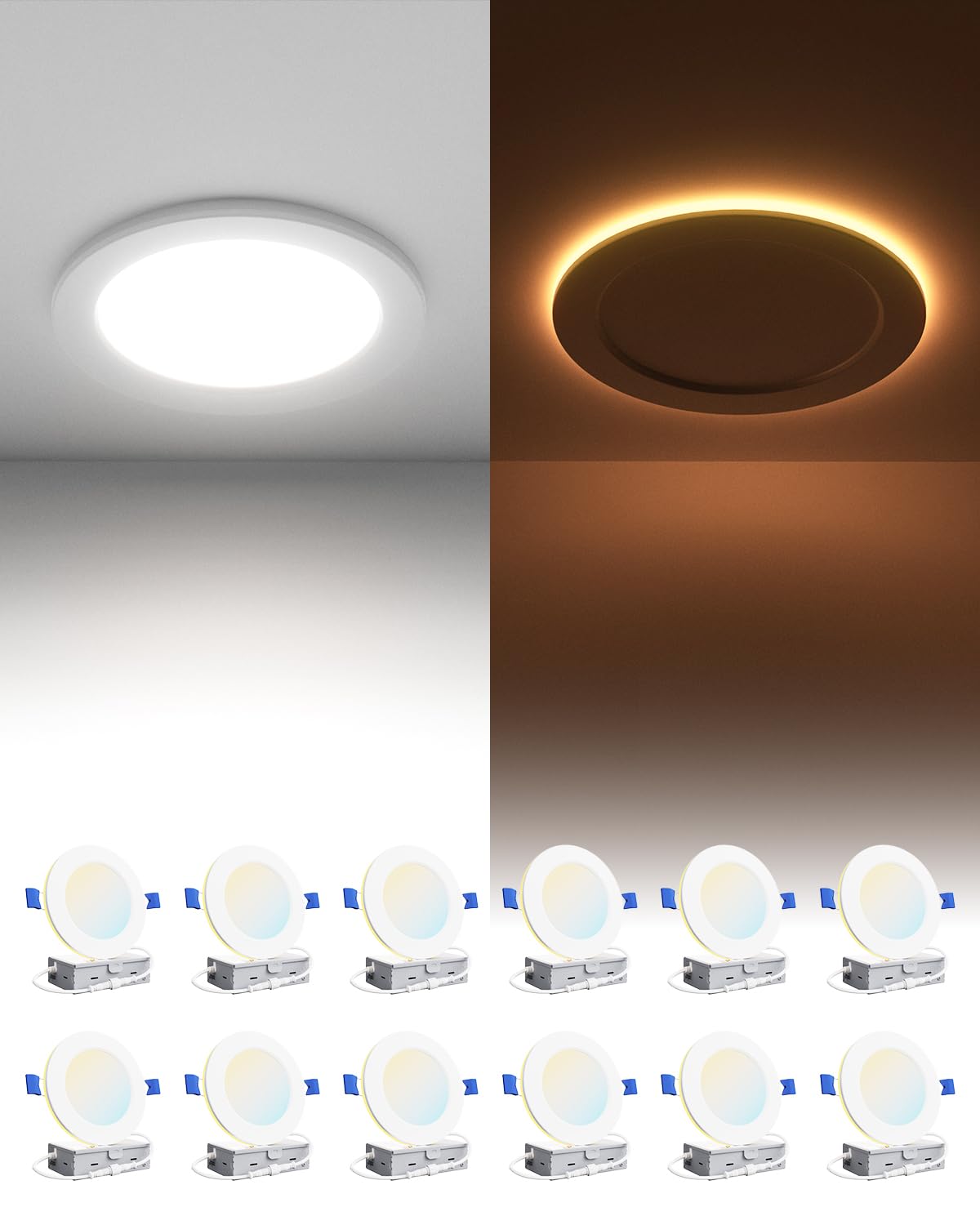 Ensenior 12 Pack 4 Inch LED Recessed Ceiling Light with Night Light, Dimmable, 2700K-5000K 5CCT, 750LM 9W 120V, High Brightness 