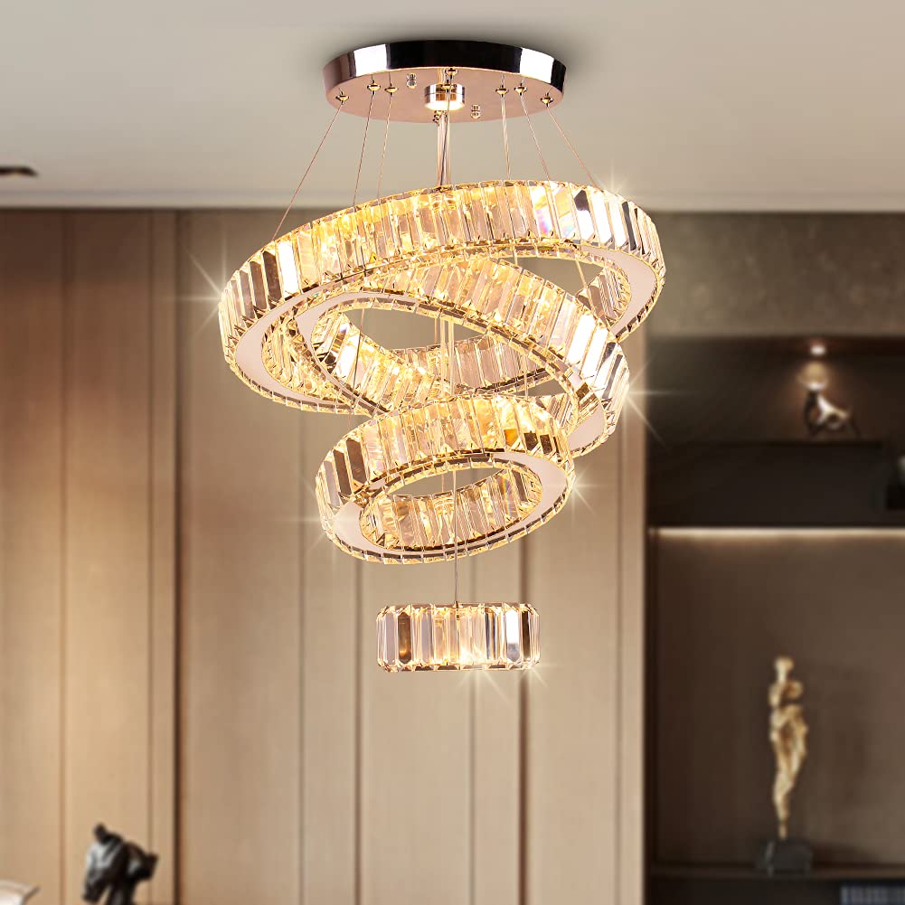 YPQXYHDA Modern Crystal Chandelier 4 Rings LED Pendant Light Adjustable High Chandeliers Ceiling Light for Bedroom Living Room D