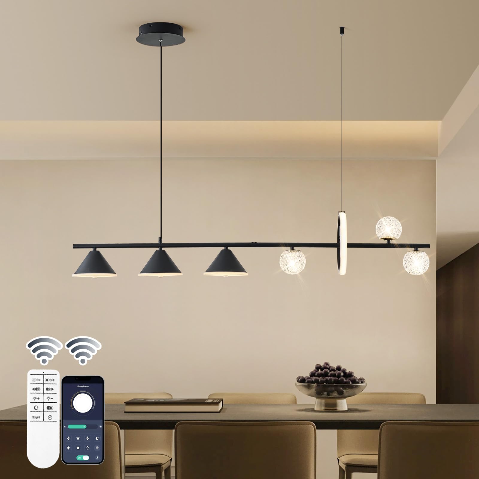 ORANOOR Modern LED Pendant Lights, Dimmable 47in Linear Globe LED Chandelier Lighting, Black Dining Room Hanging Light Fixtures 