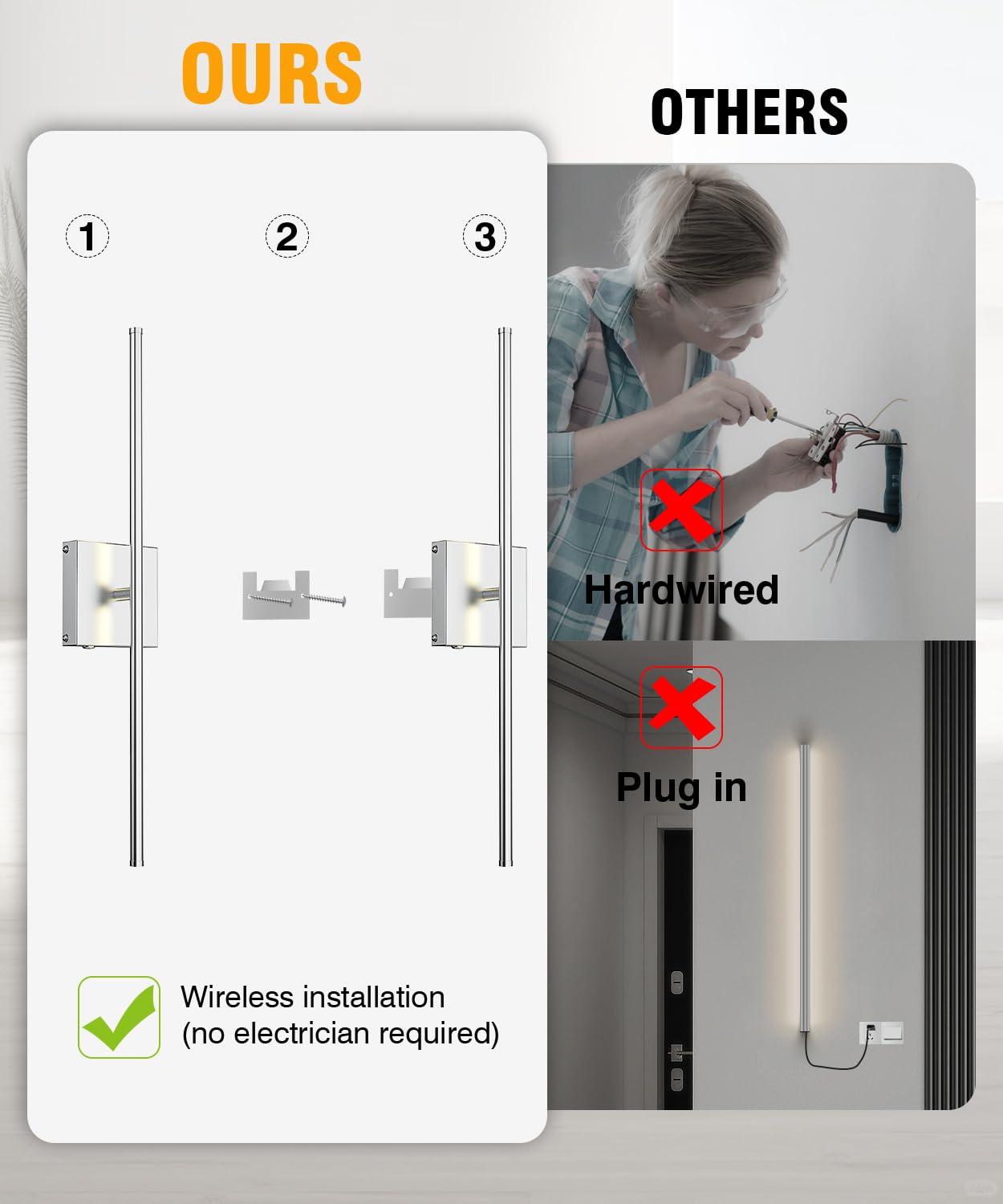 CASGAL LED Wall Sconce Set of 2, Remote Control, 3000K-6500K, 26.6 Inch, Nickel, Model 1179-Nickel, Ideal for