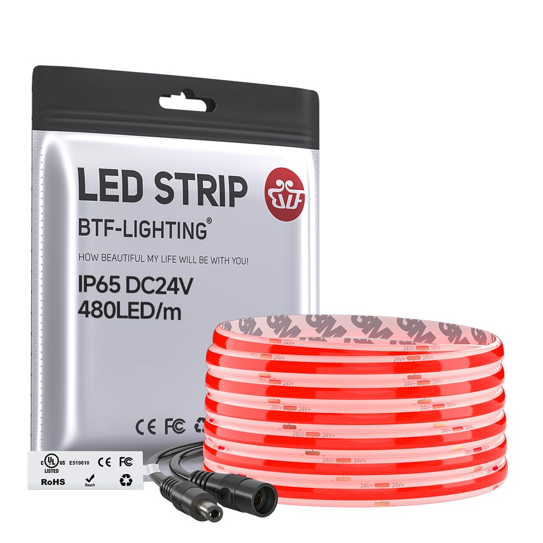 Btf-Lighting Fcob Ip65 Red Color Cob Led Strip 16.4Ft Dc24V 480Led/M 8Mm Width Flexible High Density Cri 90+ Dimmable Led Light For Home Indoor Decor(No Controller Or Adapter)