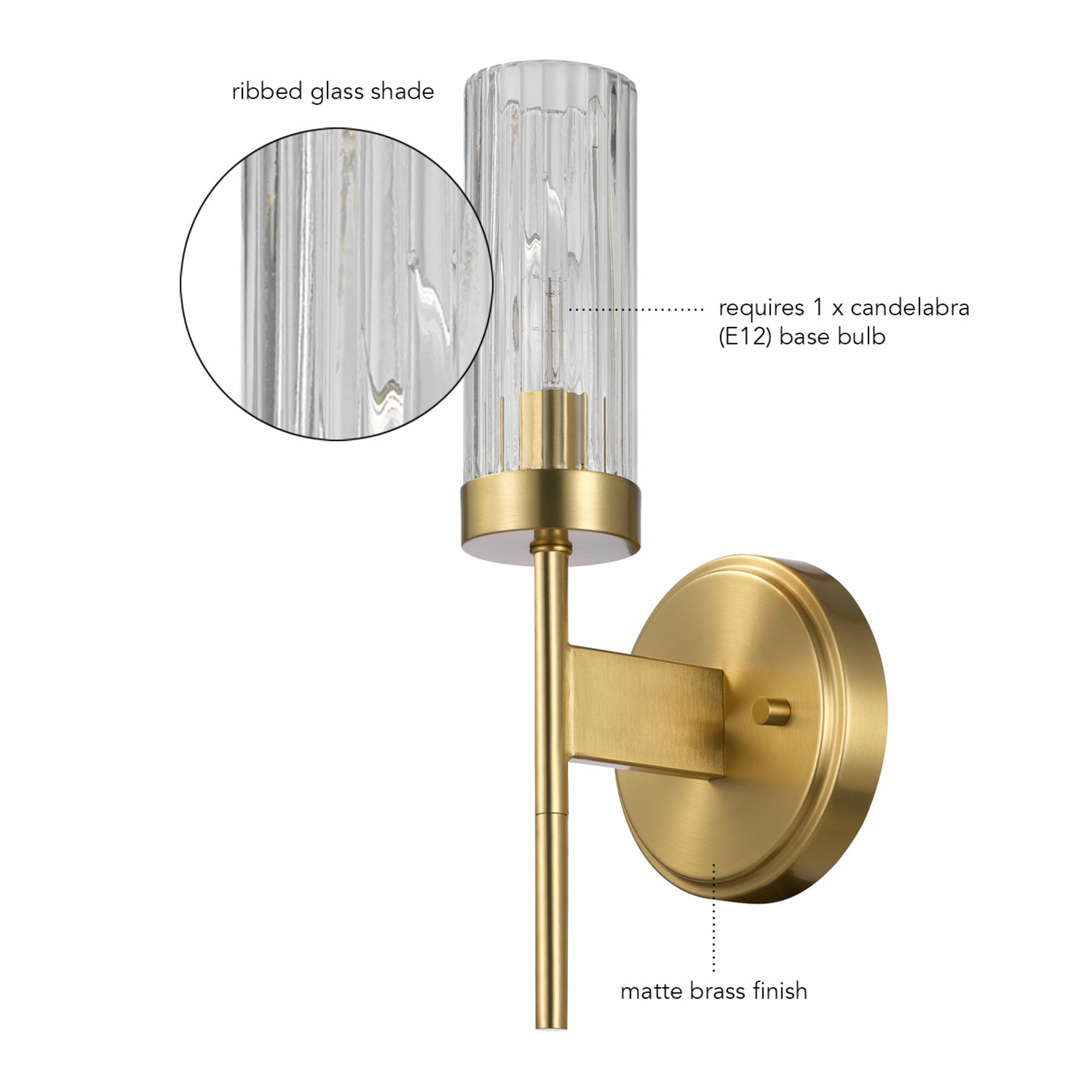 Globe Electric 65000103 1-Light Wall Sconce, Matte Brass, Ribbed Clear Glass Shade, Modern Wall Lights For Living Room, Bedroom,