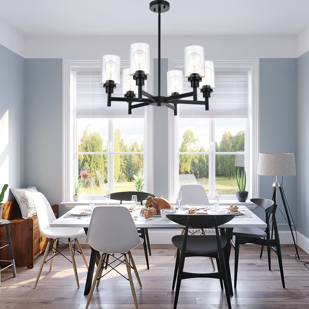 VINLUZ 6 Light Industrial Chandelier Black Pendant Lighting Hanging Fixture with Cylinder Clear Glass for Kitchen Bedroom Dining