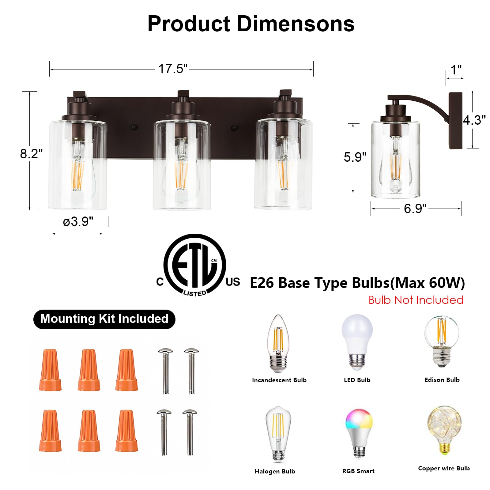 Alaislyc 3-Light Bathroom Vanity Light Fixture, Modern Bronze Over Mirror With Clear Glass Shade