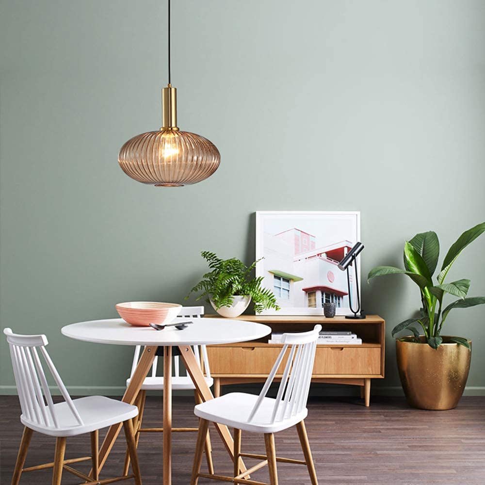 I-xun Pendant Light Fixture, Striped Glass, Gold Socket, 11.81in Amber, Modern Design for Kitchen Island, Dining Room, Living Room