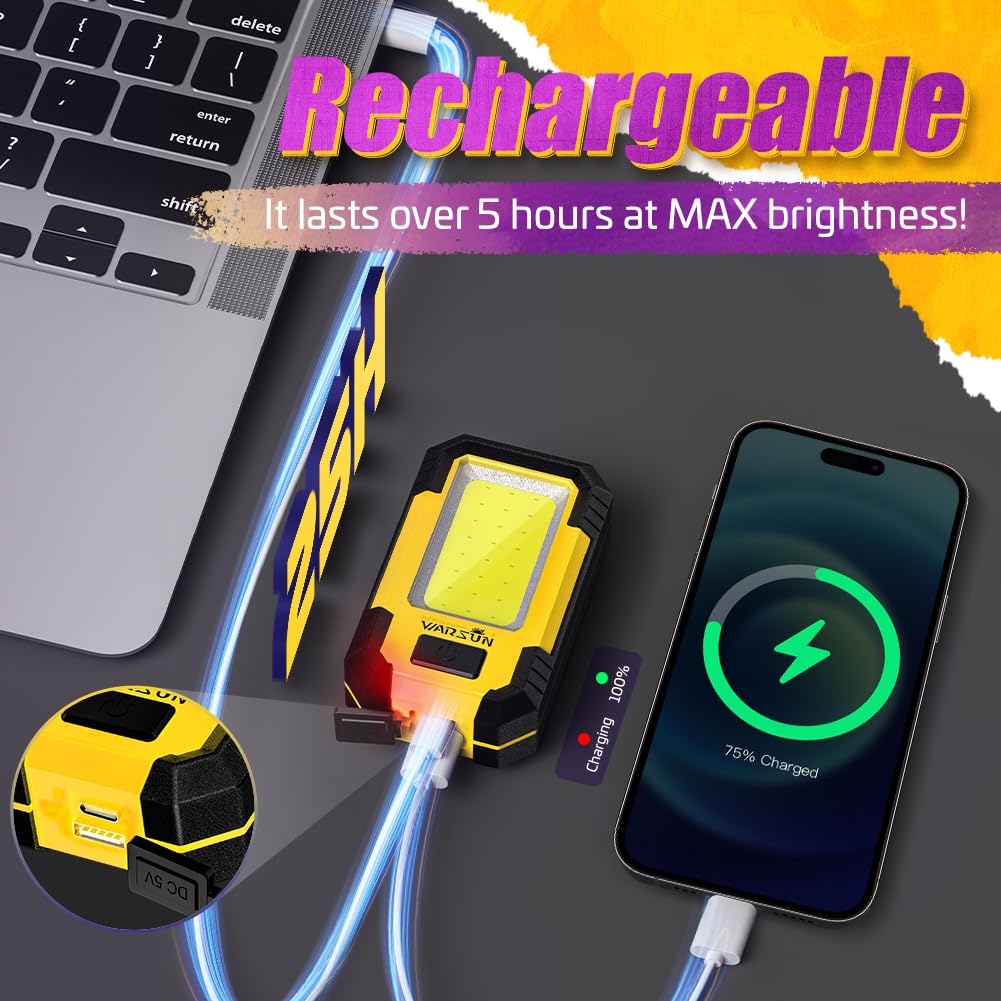 WARSUN Rechargeable Work Light - 1200 Lumens LED Mechanic Light, Portable 4.3x2.6x1.4", Yellow, Model WARSUN 2c