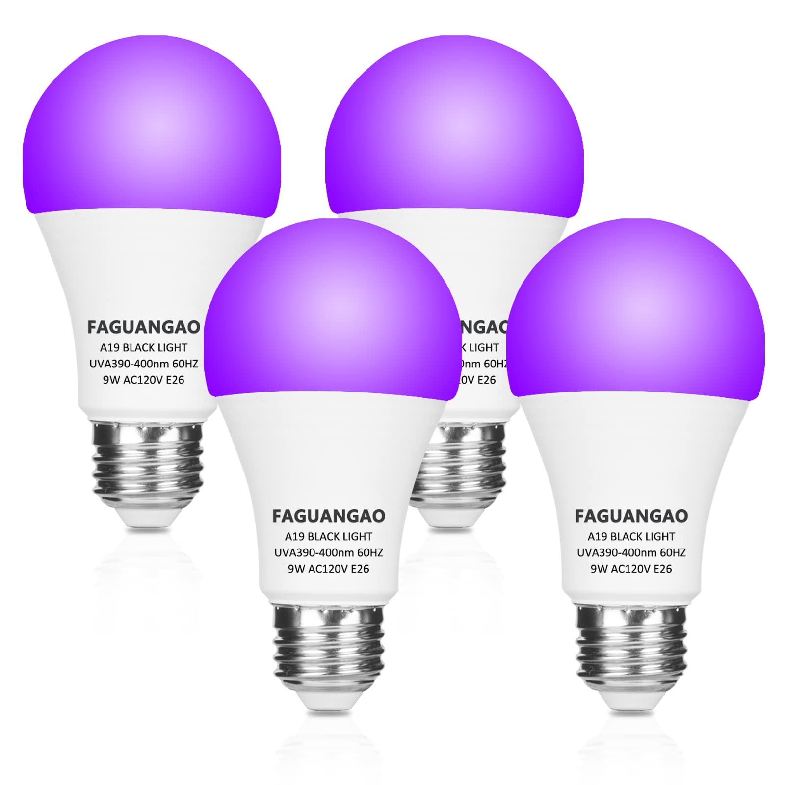 FAGUANGAO LED Black Light Bulb, 9W (75W Equivalent), UVA 390-400nm, E26 Base, 4 Pack, Plastic, Glow in The Dark,