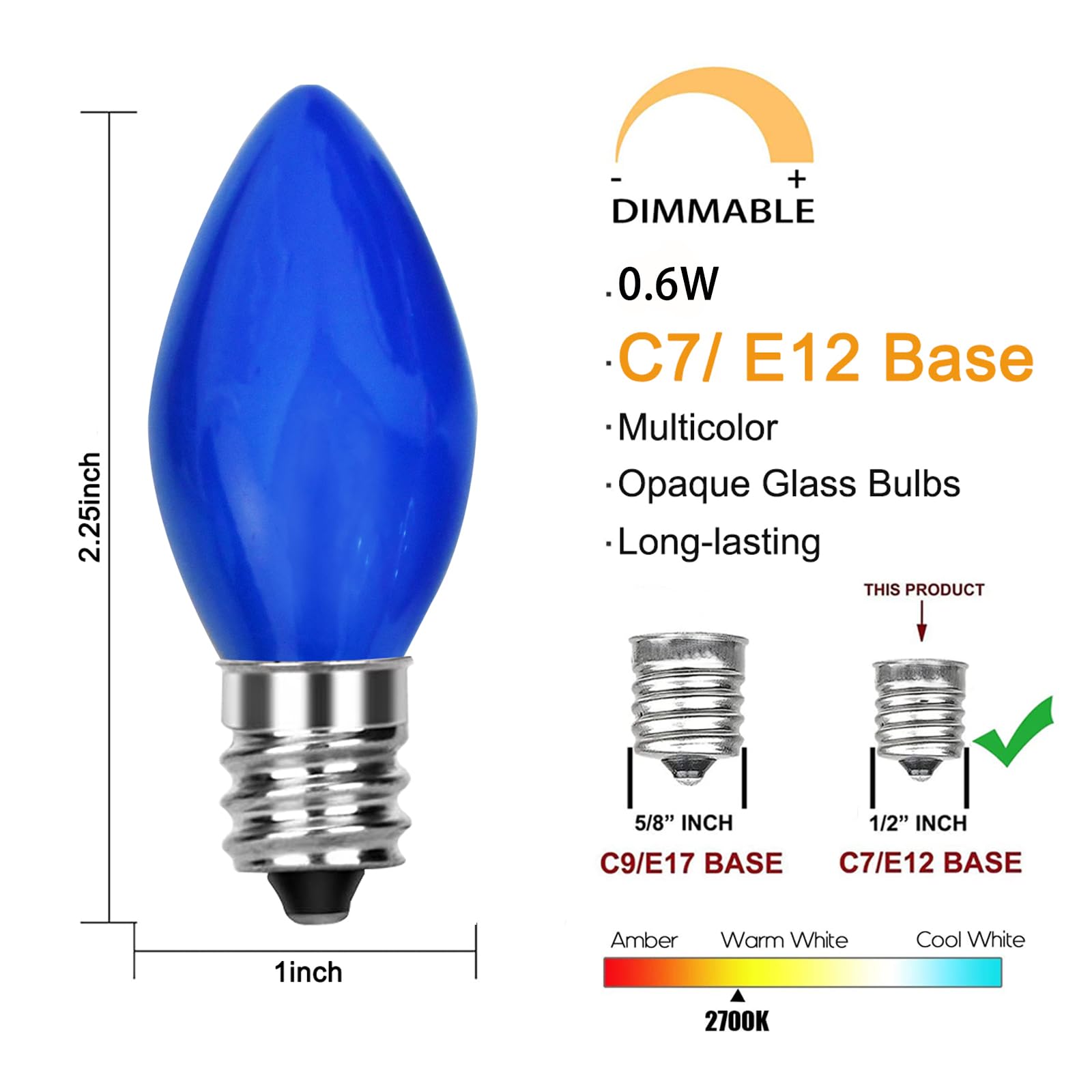 Goothy 25 Pack C7 Led Blue Christmas Replacement Light Bulbs, C7 Vintage Multicolor Shatterproof Led Bulbs For Christmas Outdoor