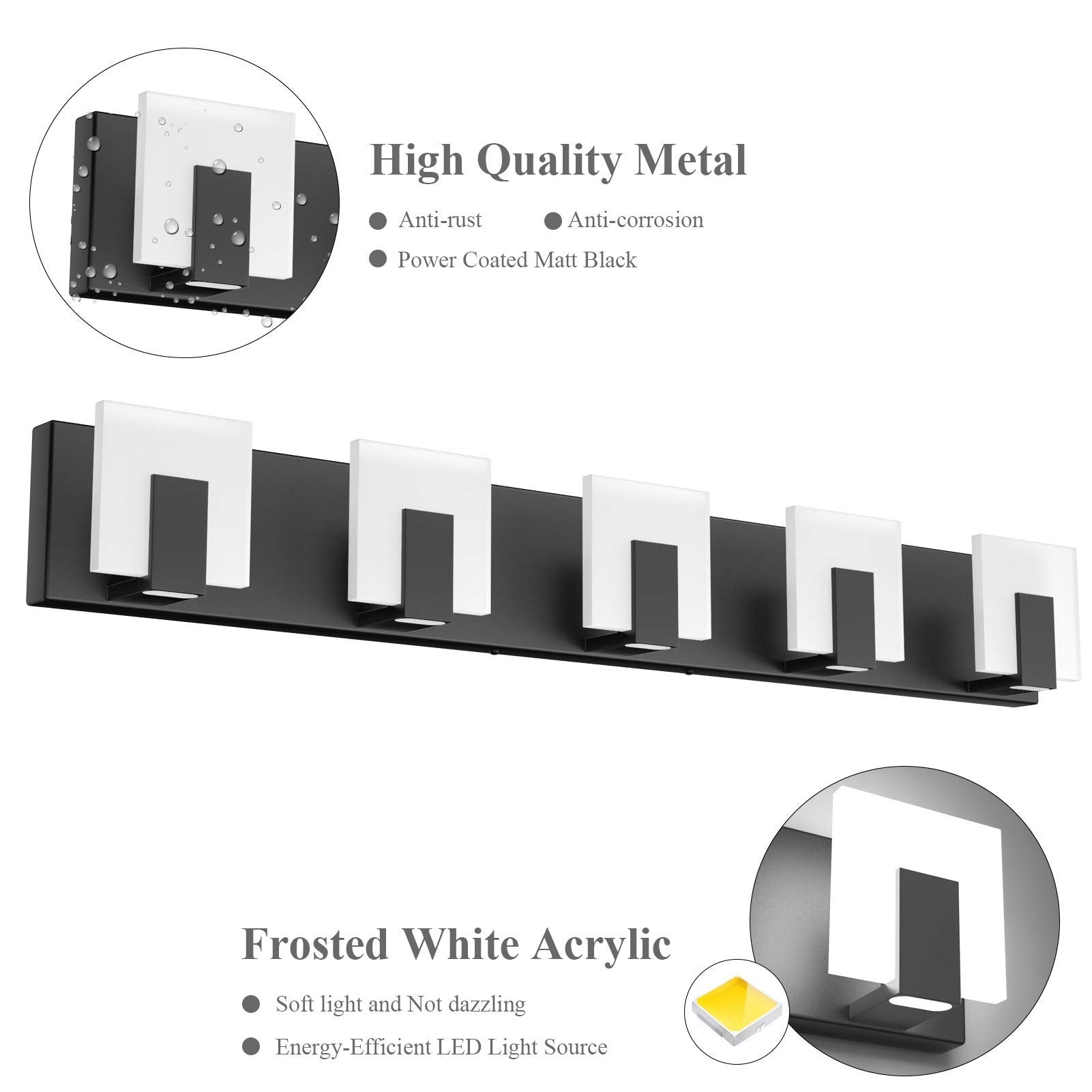 Aipsun Modern Black Vanity Light - 5 Lights, Aluminum, Led, 6000K, Bathroom Wall Fixture Over Mirror