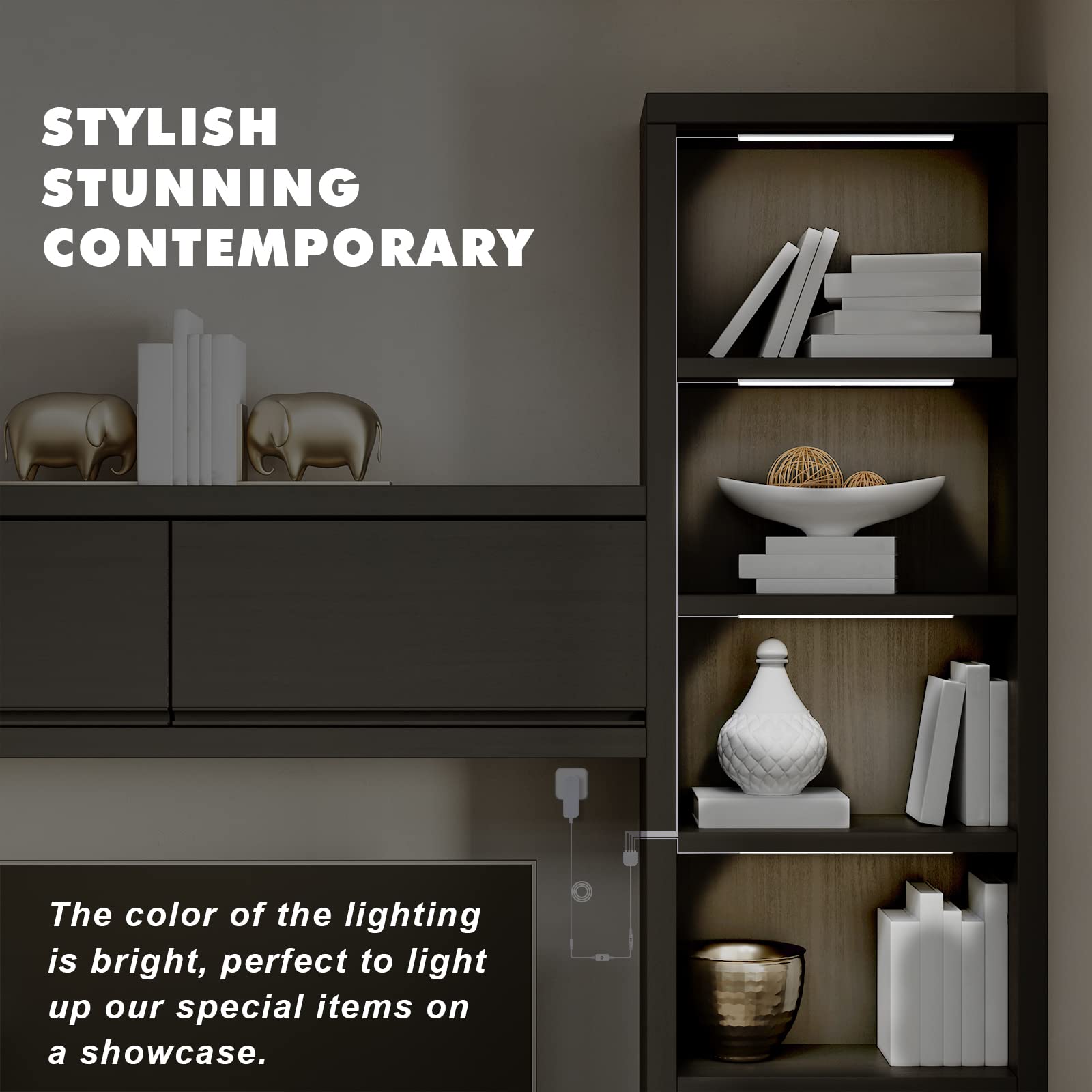 JUSJUBR 4-Pack LED Display Shelf Lights, 12 Inch Cold White Under Shelf Lighting, Aluminum, Memory Function