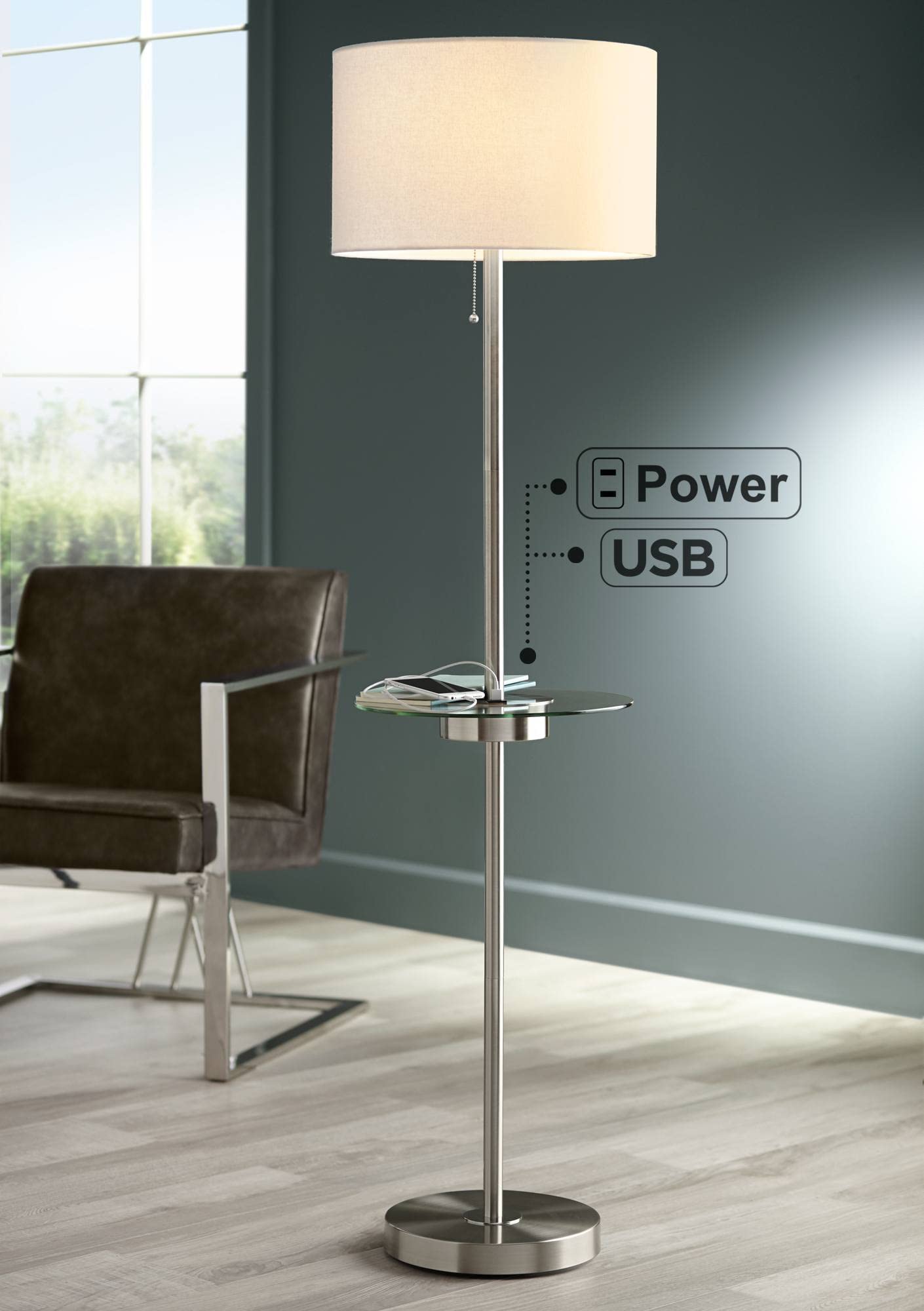 360 Lighting Caper Modern Floor Lamp with Tray USB and AC Power Outlet on Table Glass 60.5'' Tall Satin Nickel White Fabric Drum